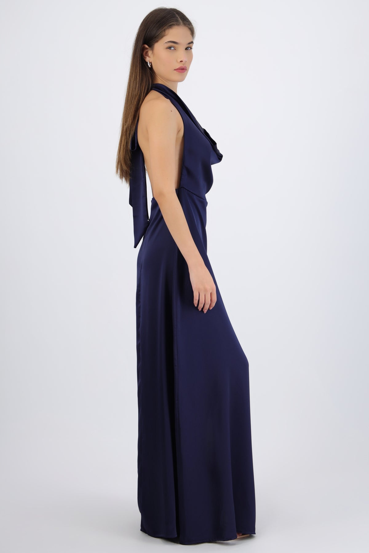 Maxi Satin Dress with Cascading Hem