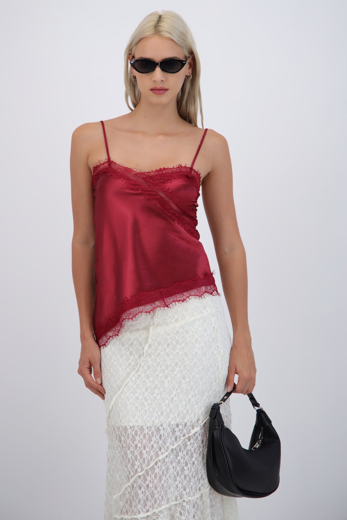 satin top with lace asymmetrical neckline
