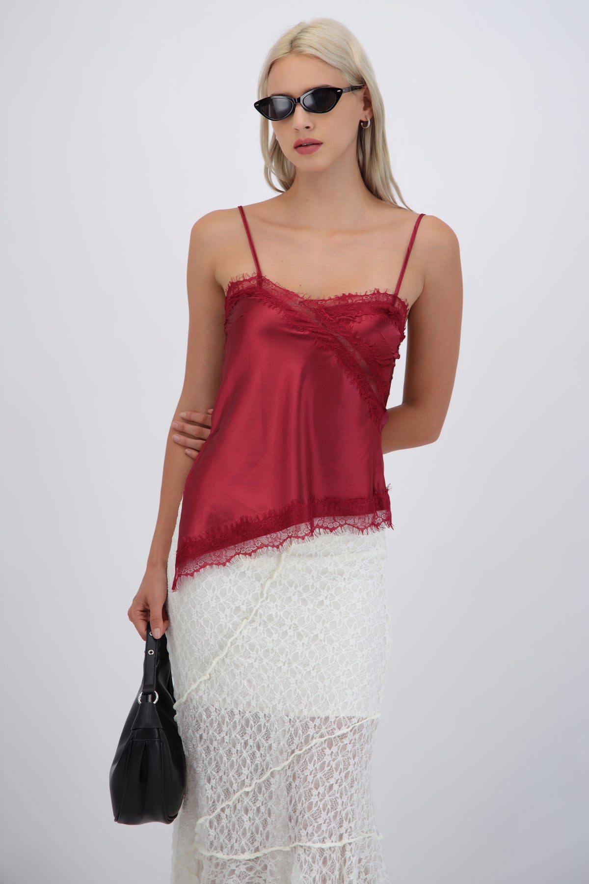 satin top with lace asymmetrical neckline