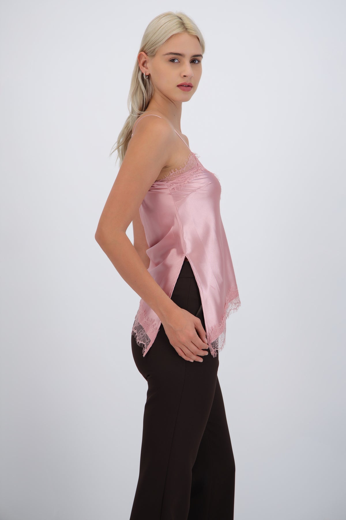 satin top with lace asymmetrical neckline