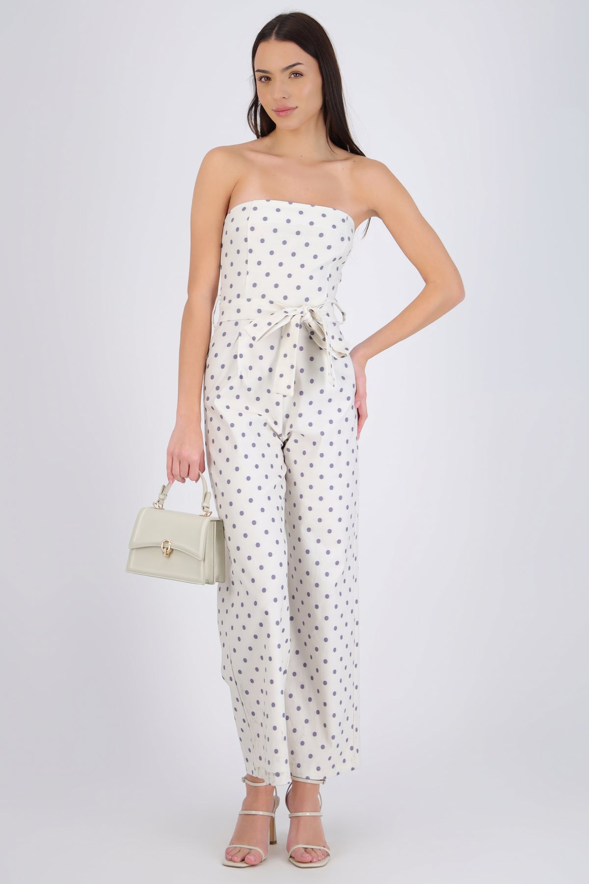 Strapless Polka Dot Jumpsuit with Belt