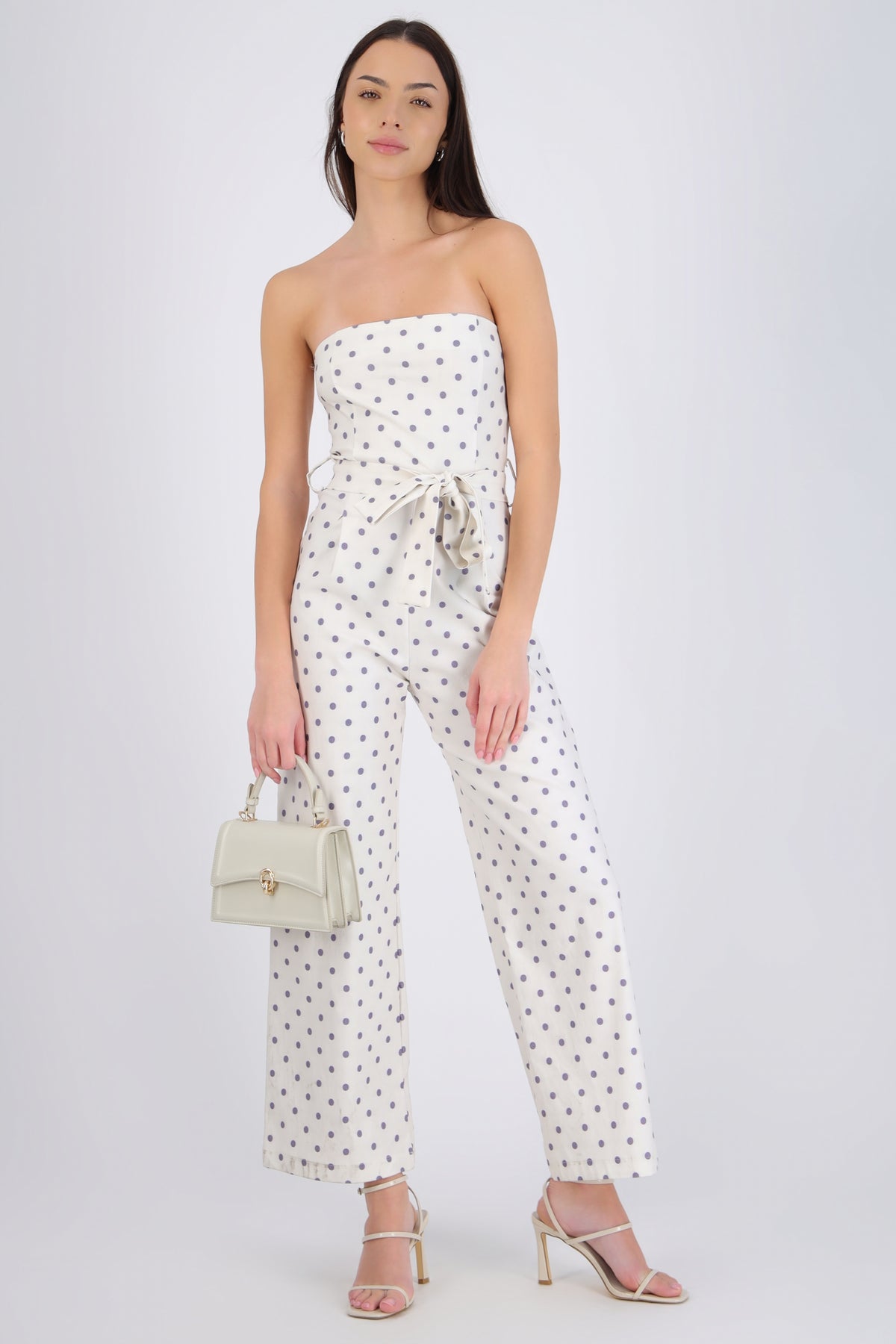 Strapless Polka Dot Jumpsuit with Belt