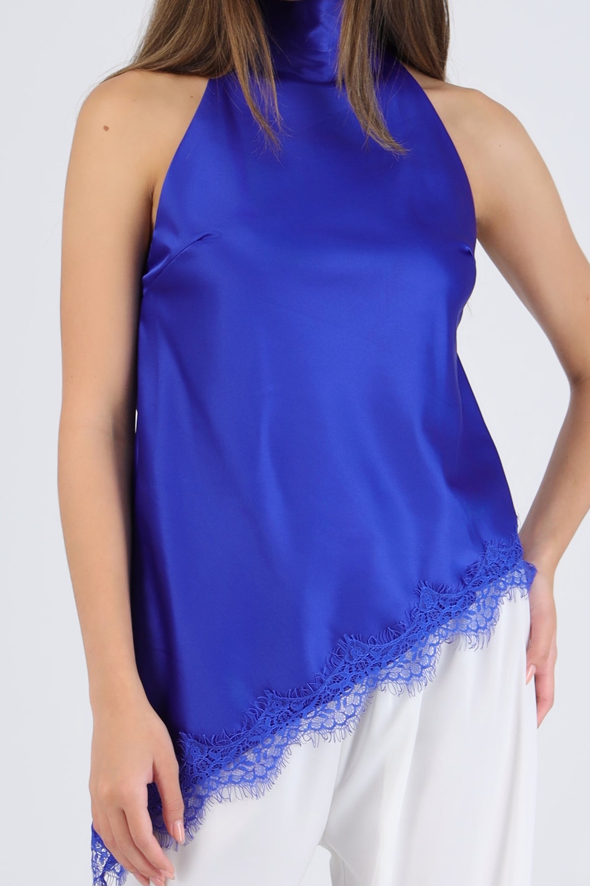 Satin Halter Top with Lace Detail