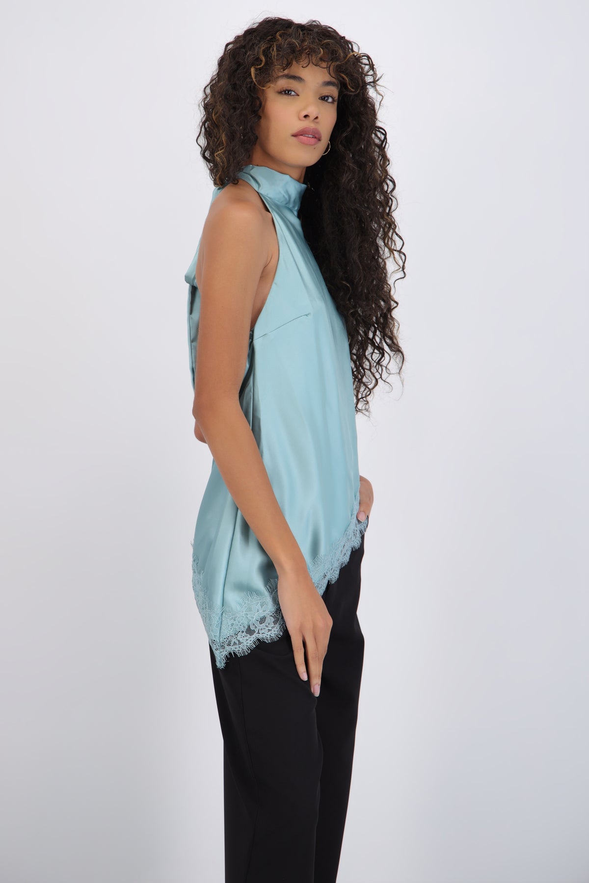 Satin Halter Top with Lace Detail