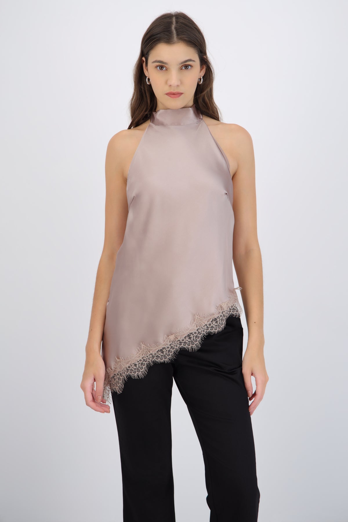 Satin Halter Top with Lace Detail