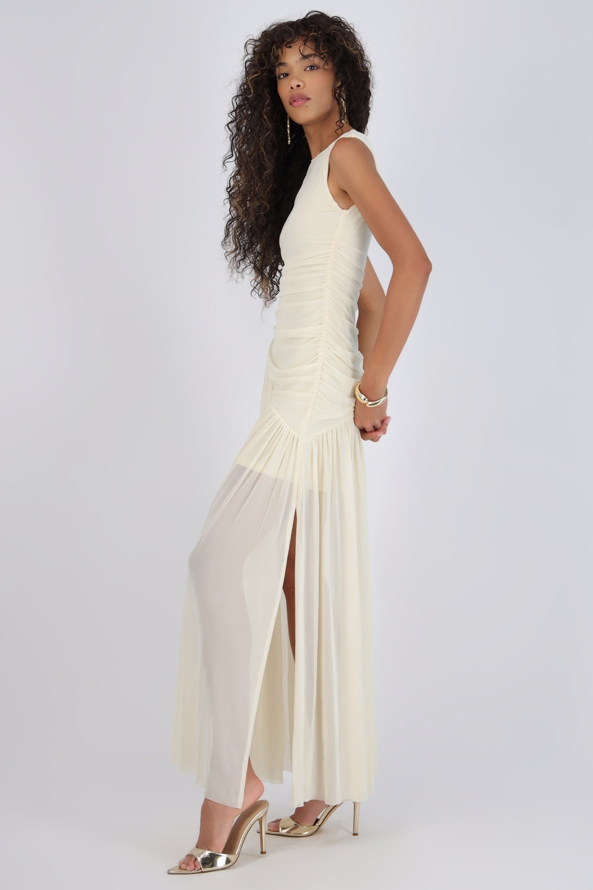Long Draped Mesh Dress