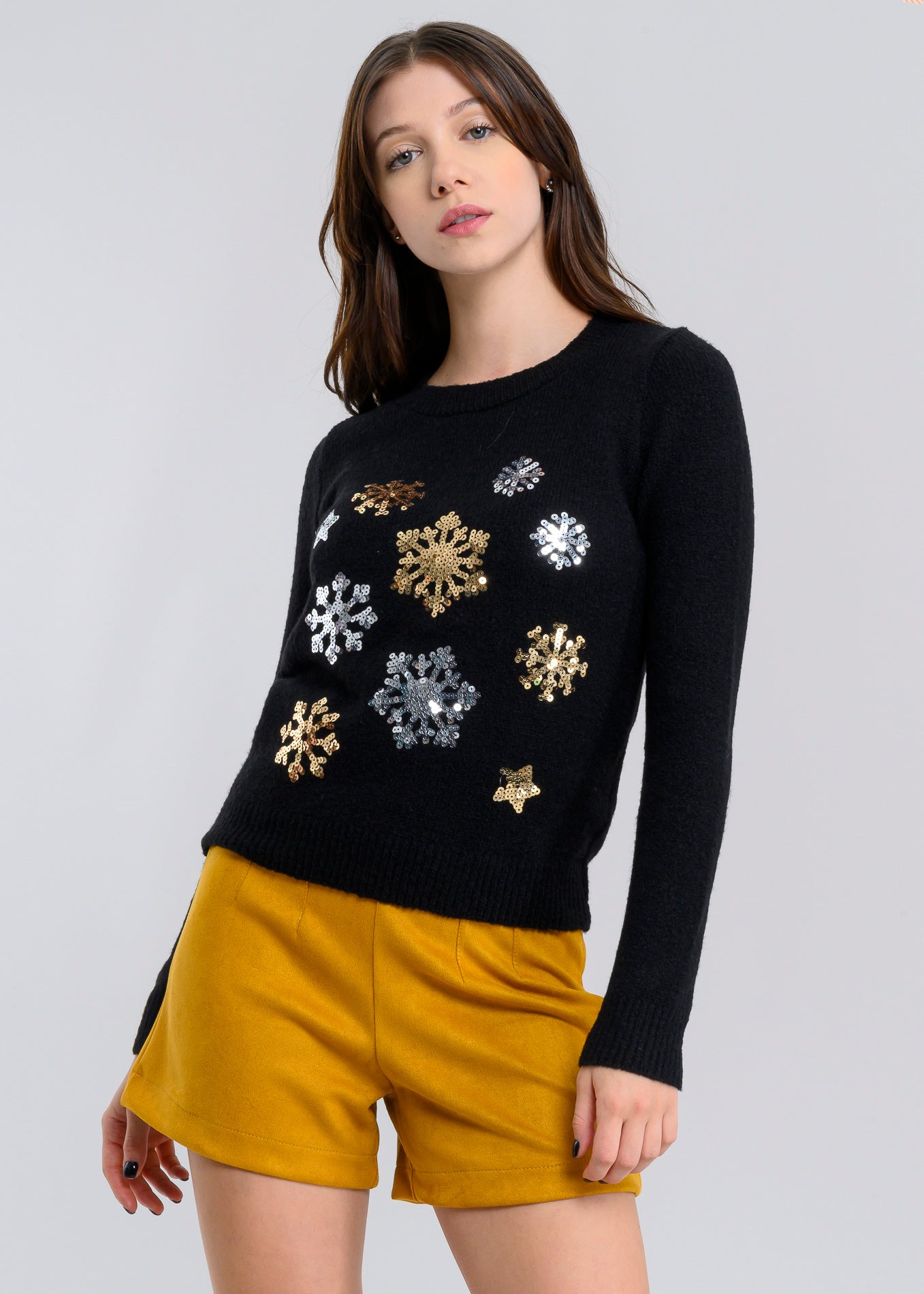 Christmas Sweater with Sequin Snowflakes BLACK