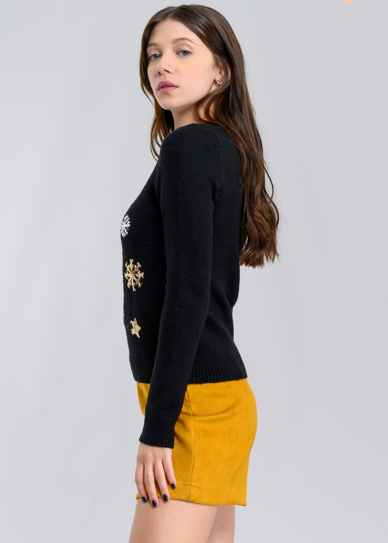 Christmas Sweater with Sequin Snowflakes BLACK