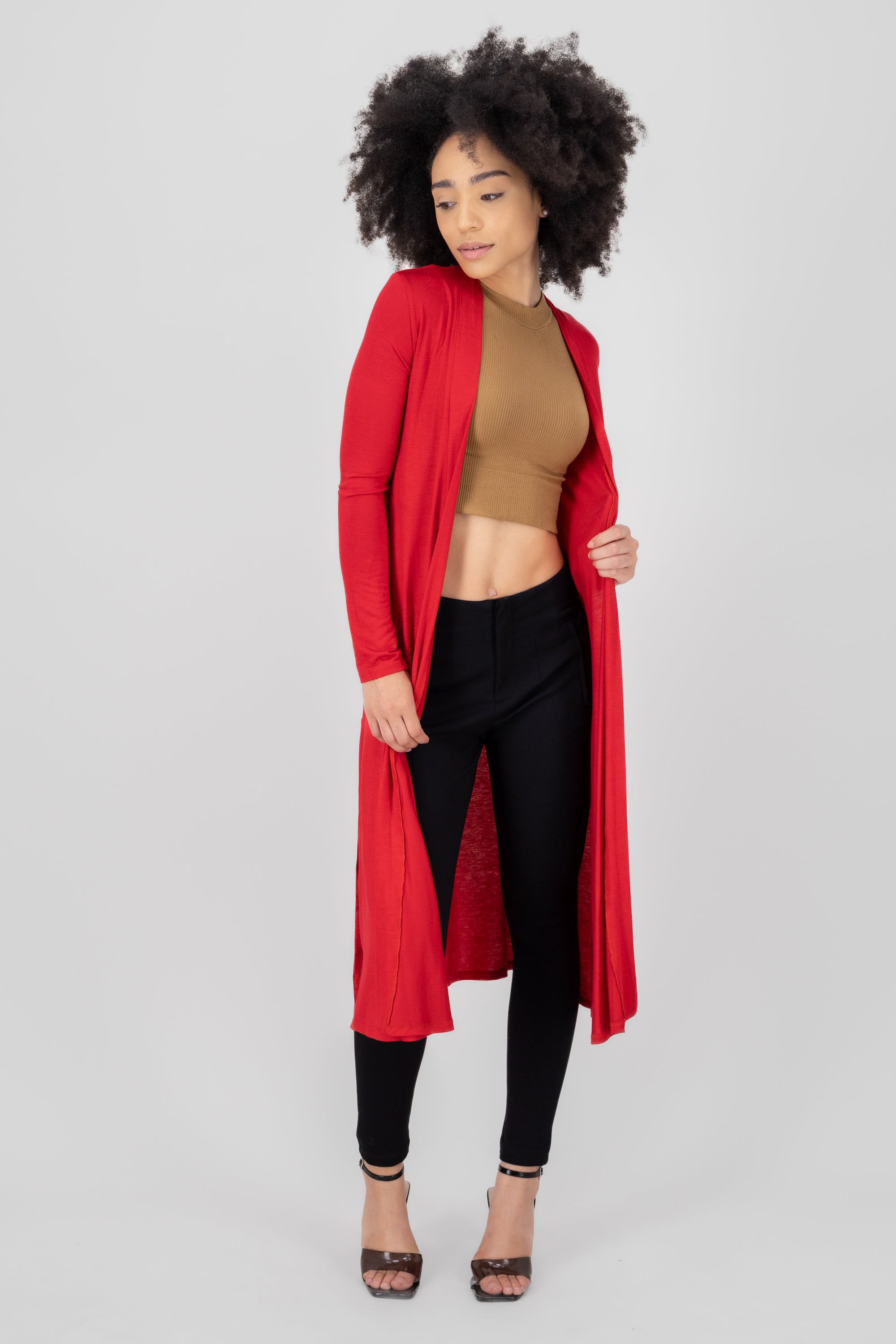 Duster cardigan with side openings. BURNT RED