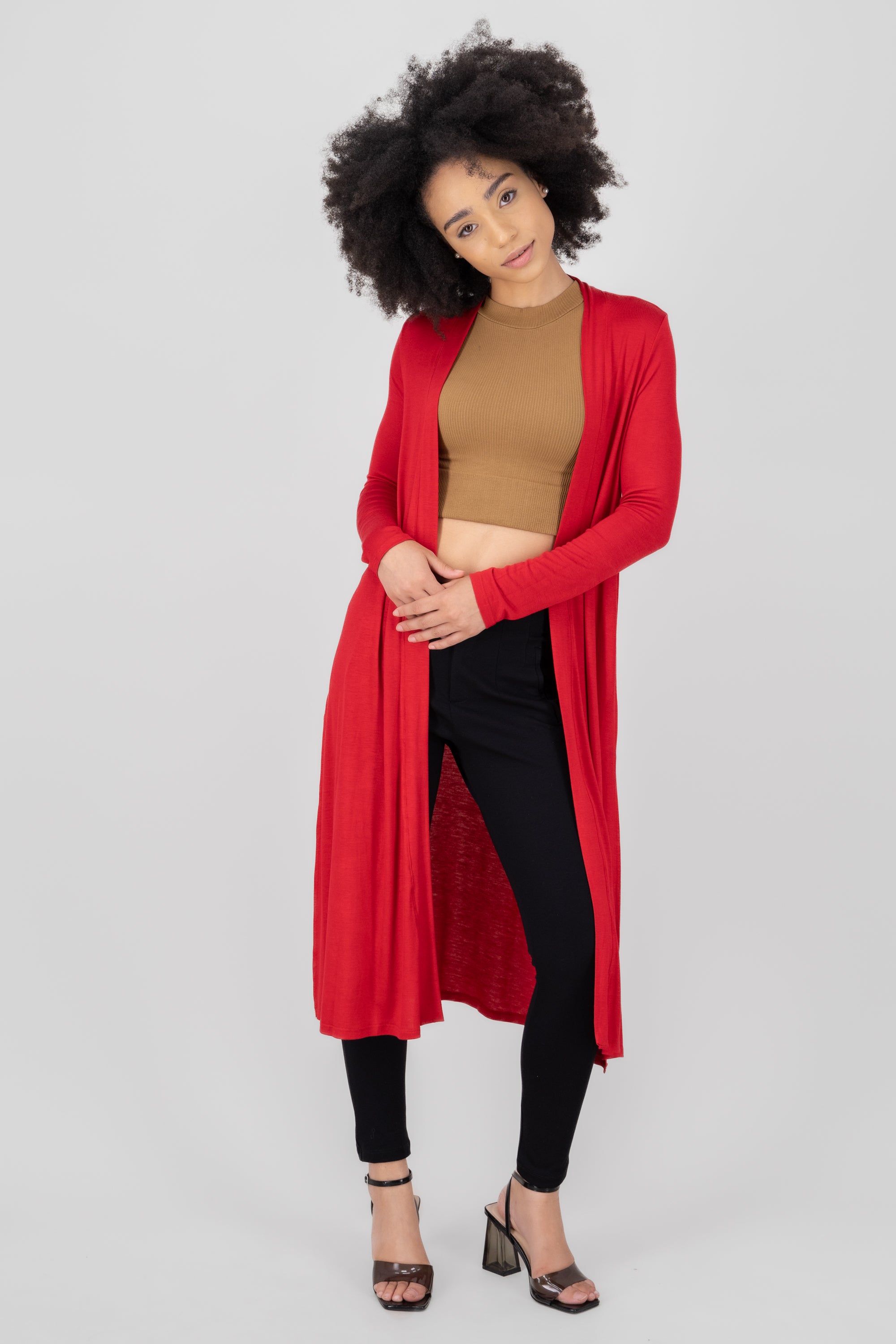 Duster cardigan with side openings. BURNT RED