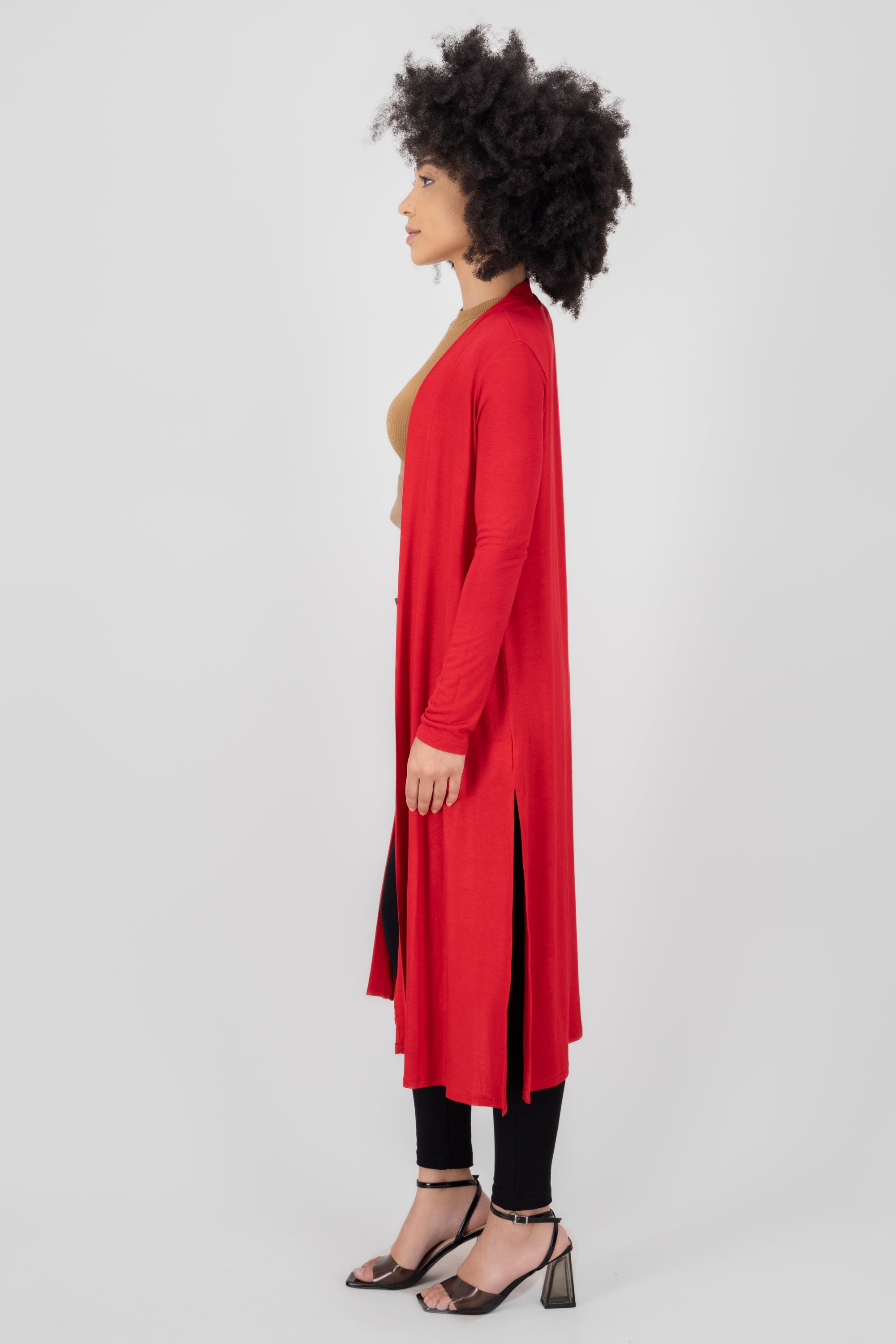 Duster cardigan with side openings. BURNT RED