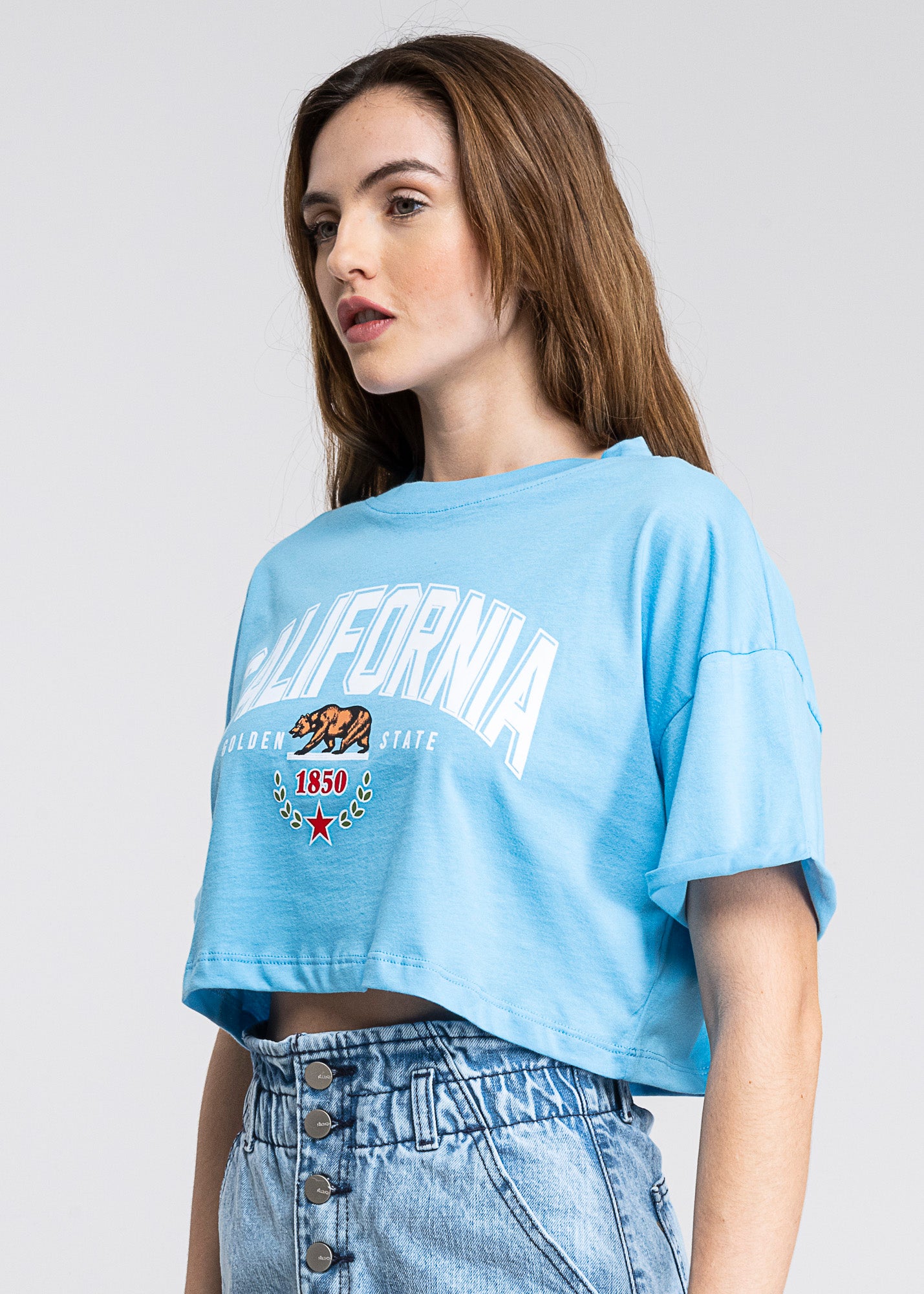 California print crop top TEAL