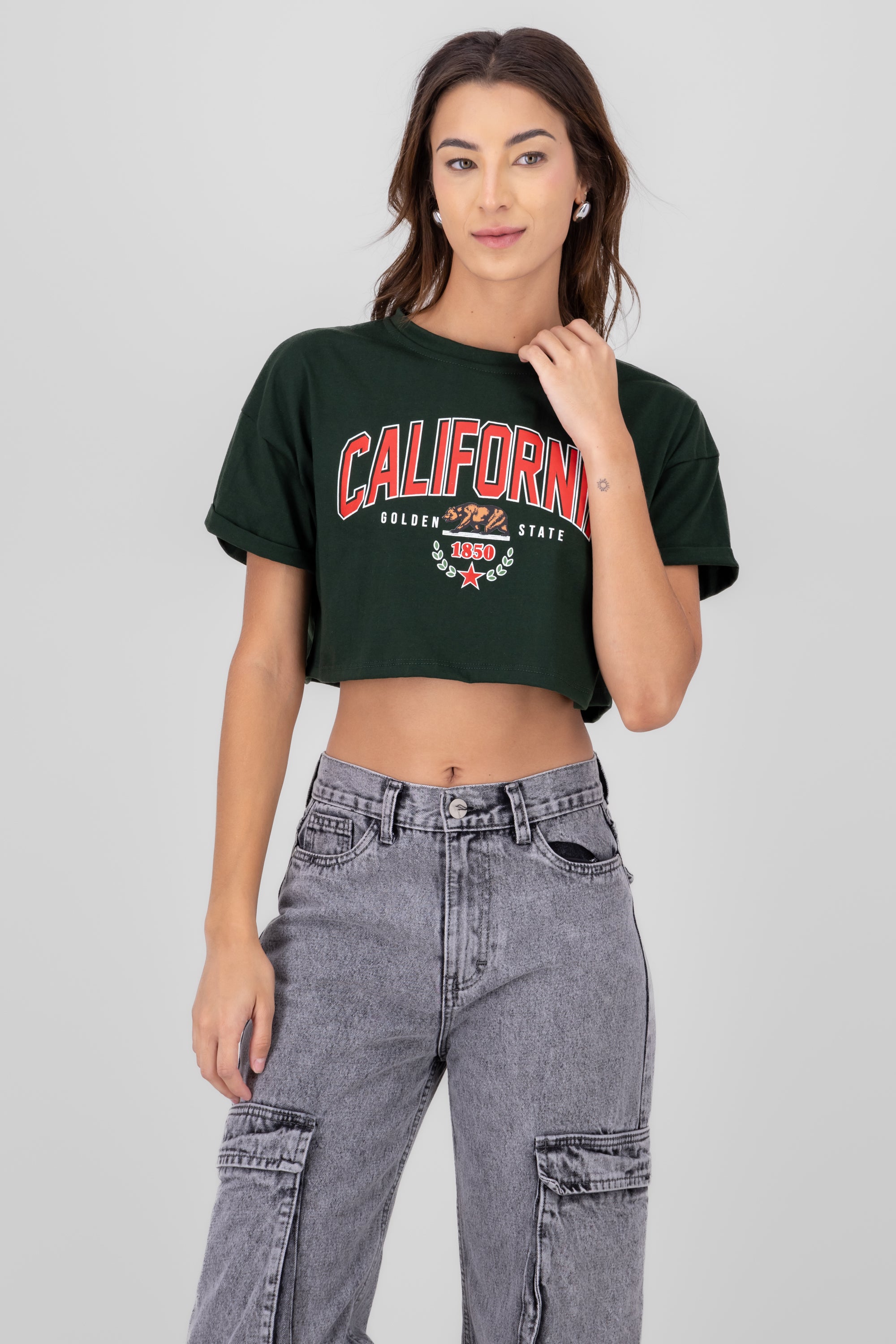 California print crop top FOREST GREEN