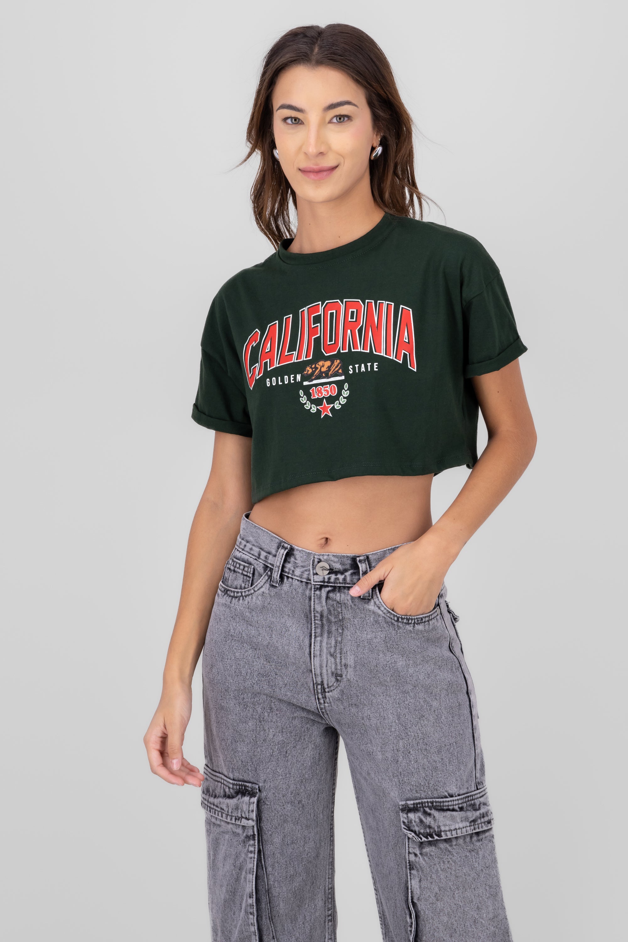 California print crop top FOREST GREEN