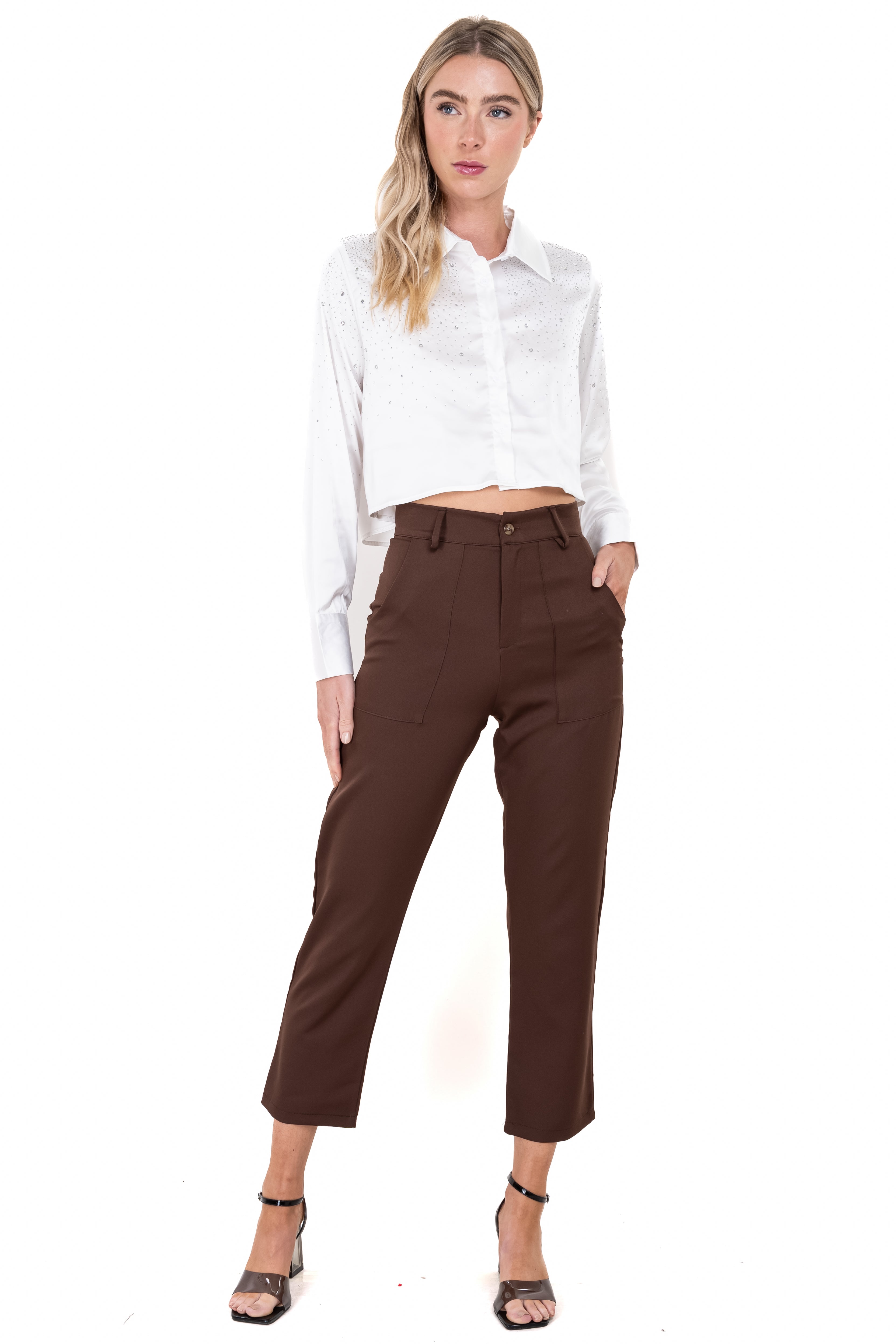 Highwaisted capri pant with pockets DARK BROWN