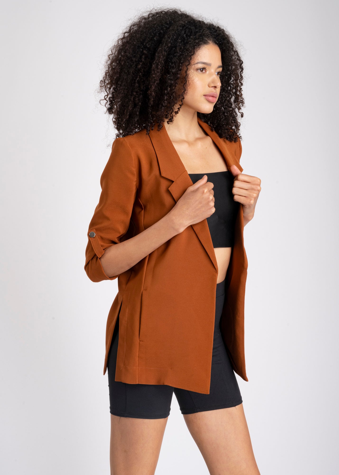 Solid blazer with adjustable sleeves CAMEL