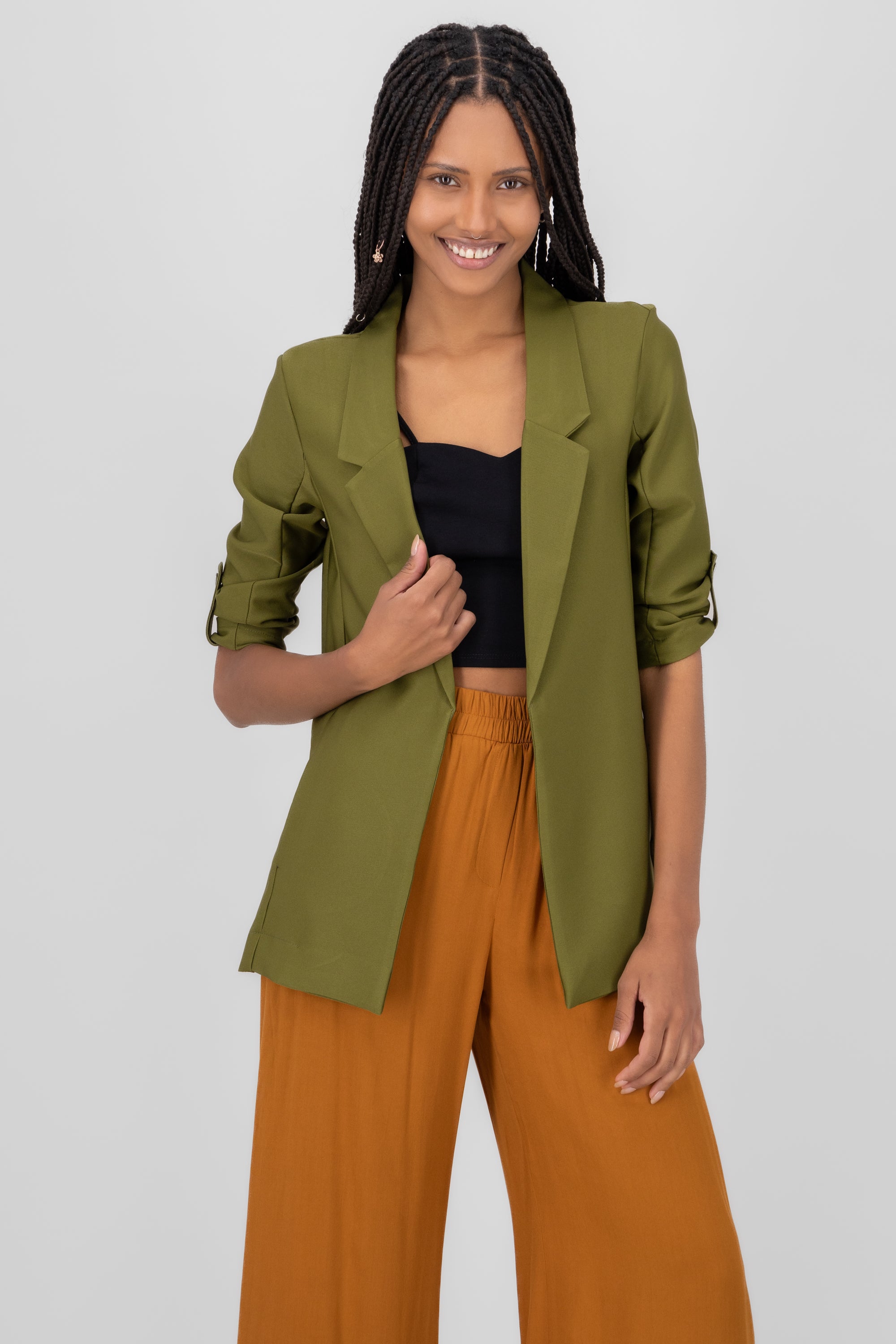 Solid blazer with adjustable sleeves DARK GREEN