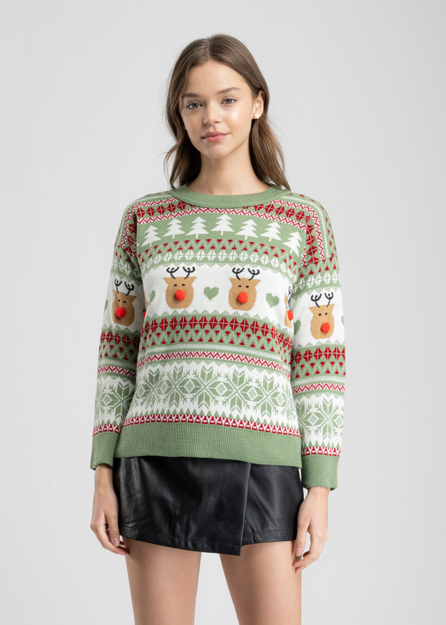 Reindeer nose Christimas sweater GREEN COMBO