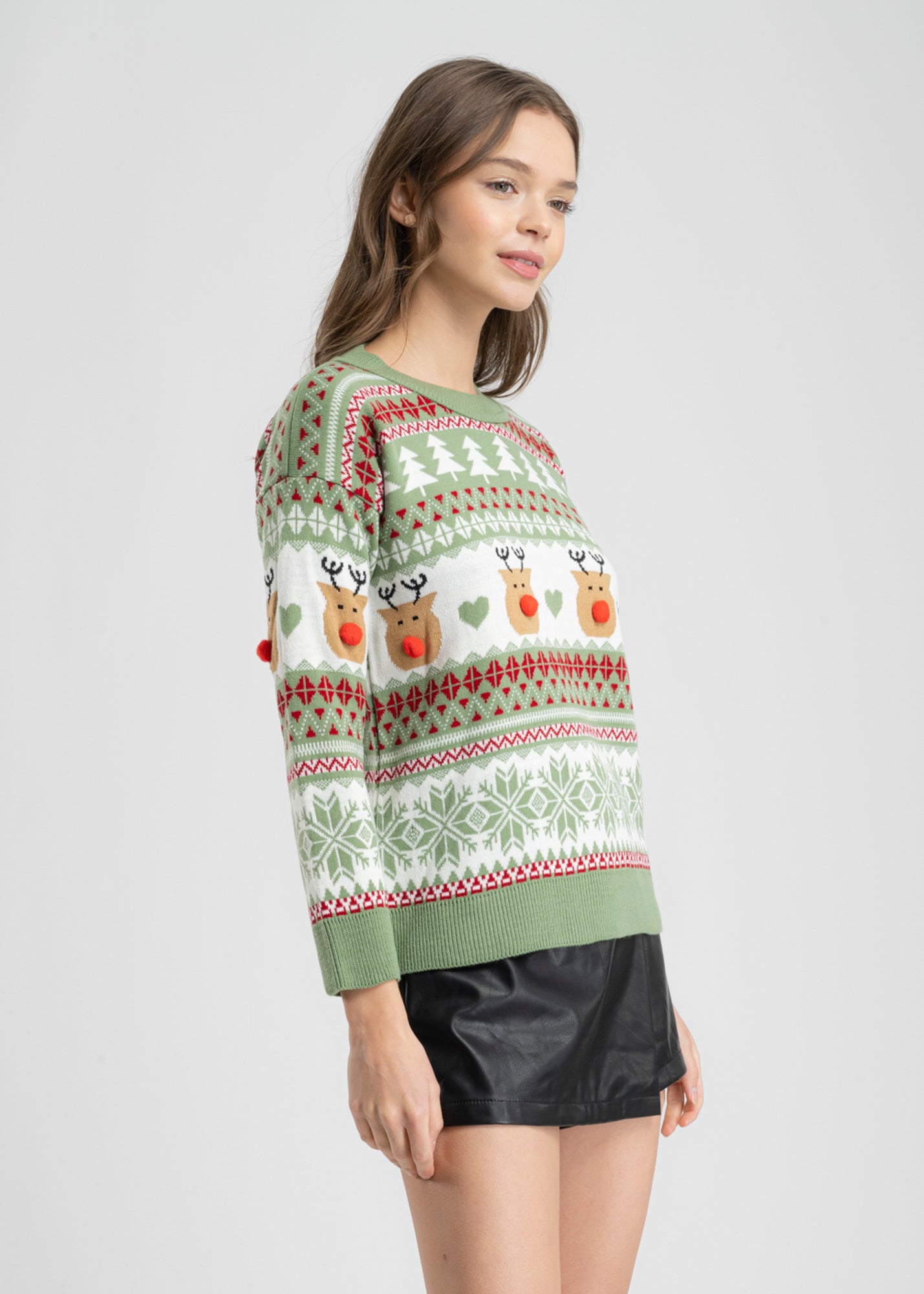 Reindeer nose Christimas sweater GREEN COMBO