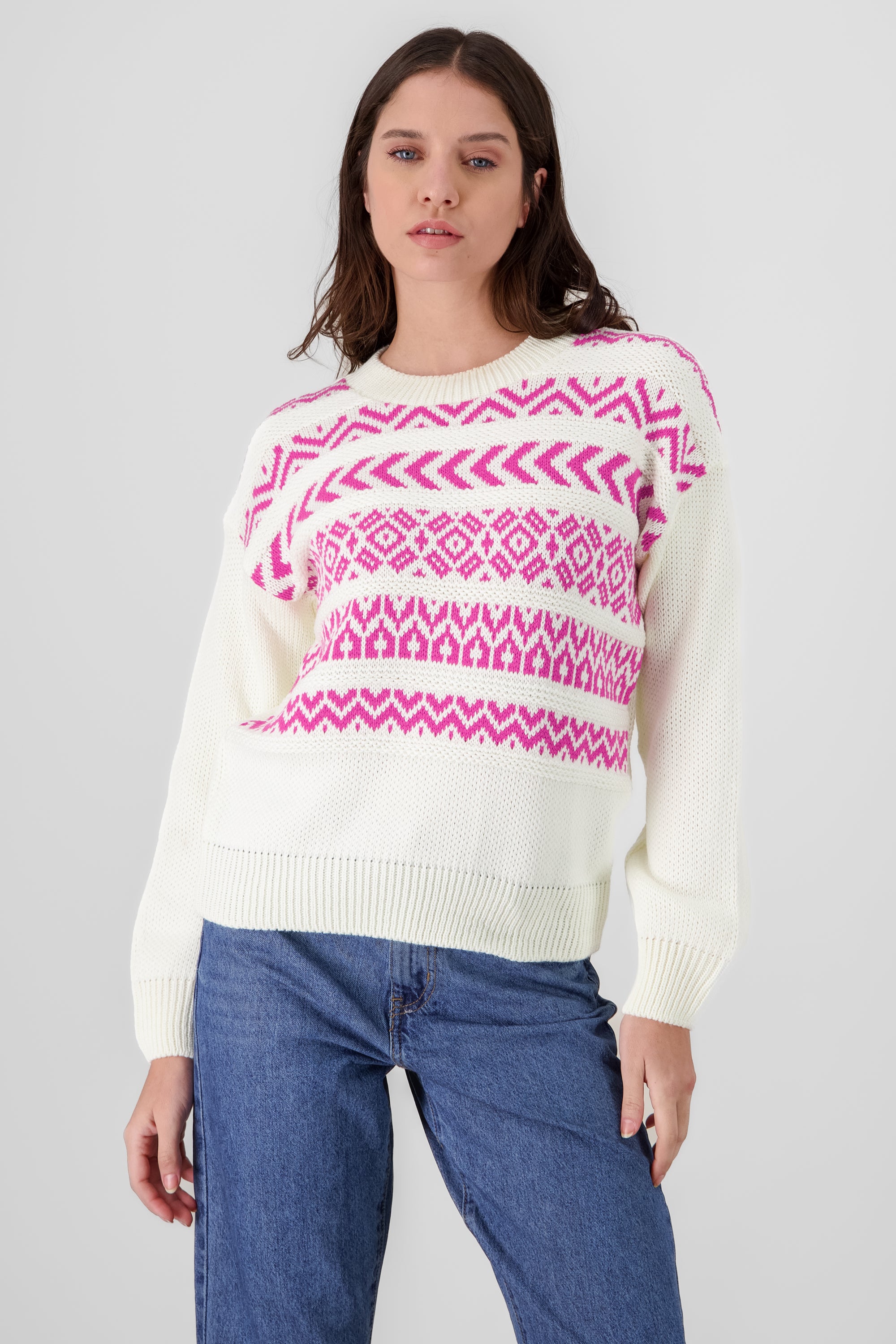 Geometric Patterns Knit Sweater FUCHSIA COMBO