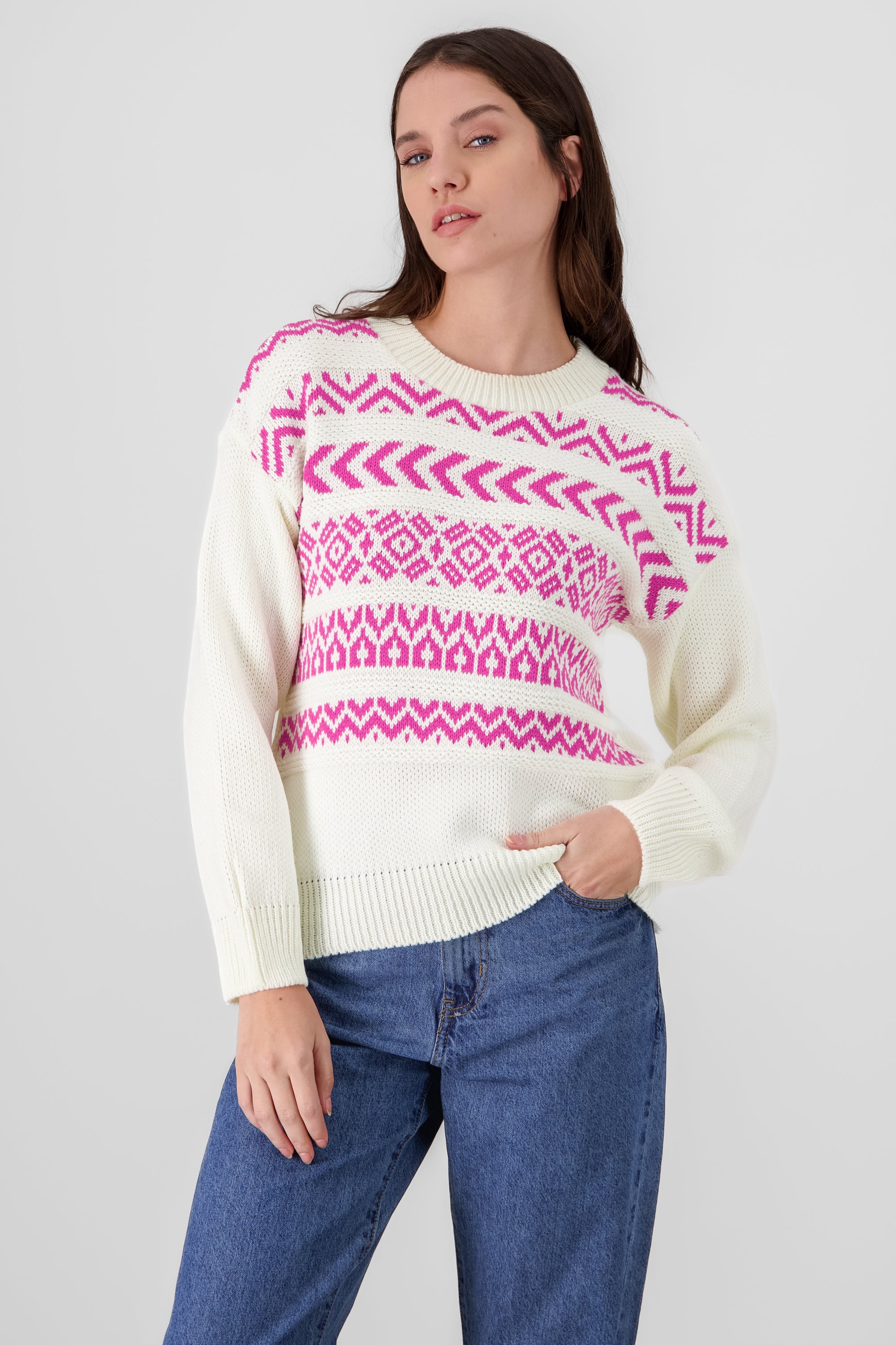 Geometric Patterns Knit Sweater FUCHSIA COMBO