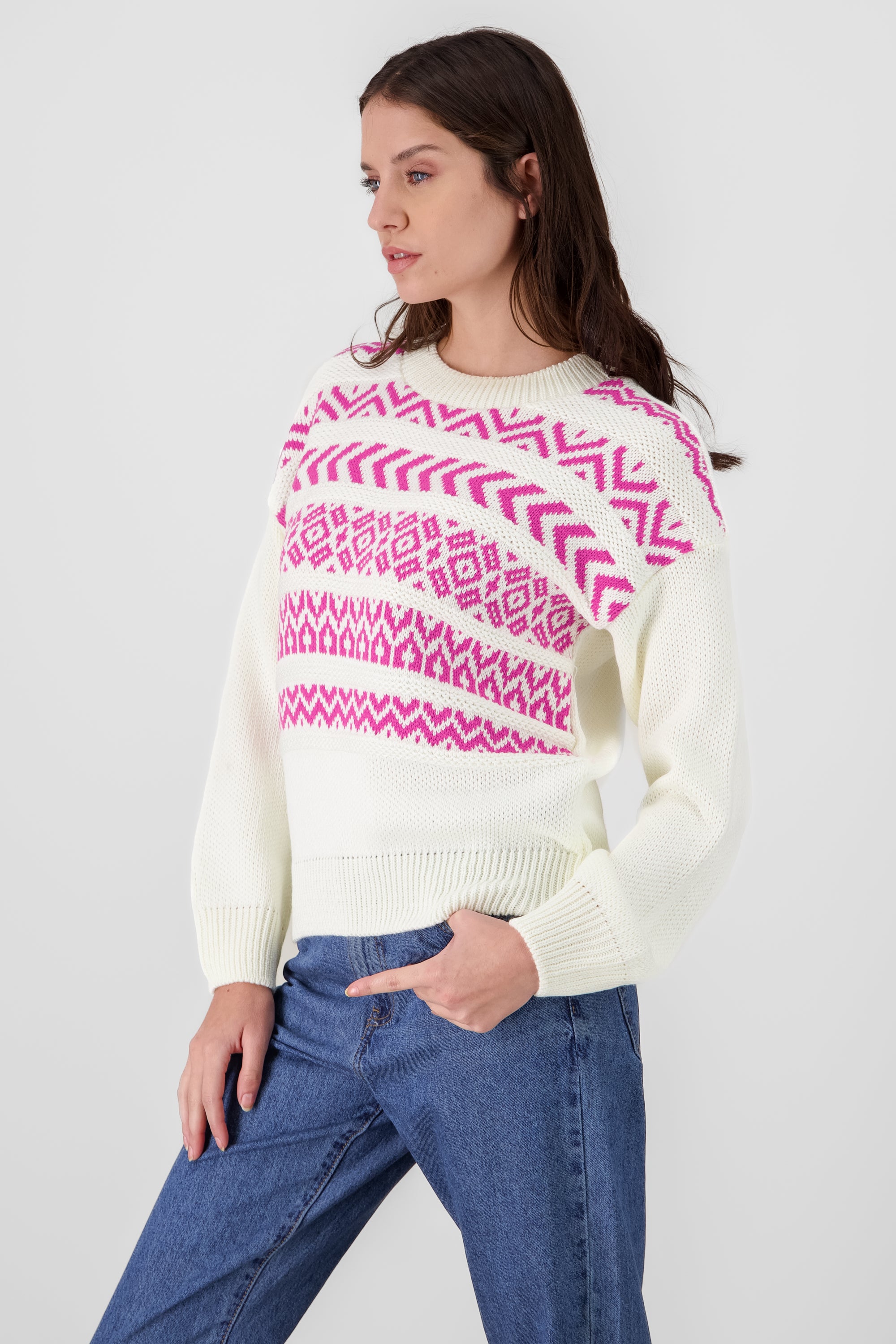 Geometric Patterns Knit Sweater FUCHSIA COMBO