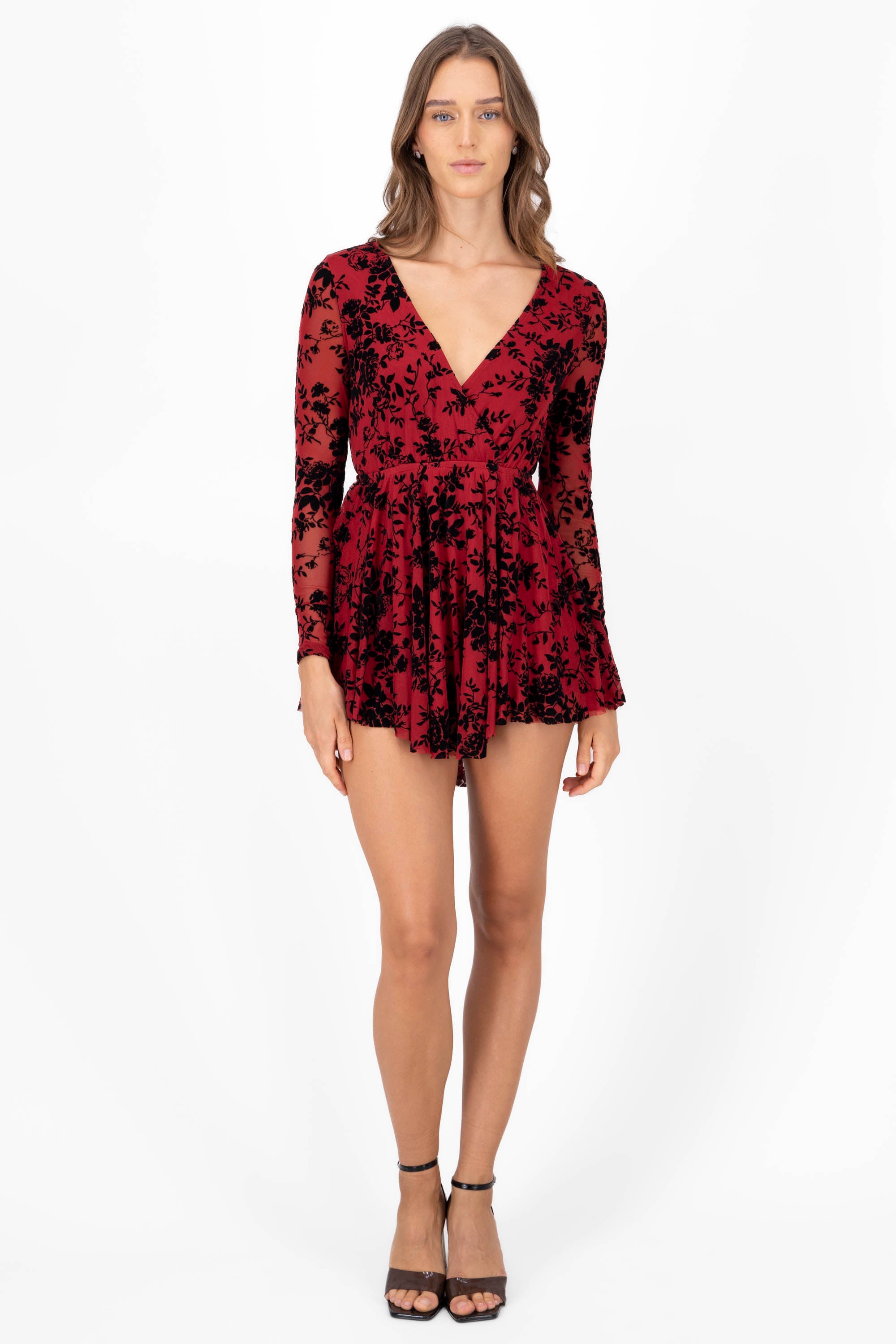 Flock mesh longsleeved dress CHERRY RED