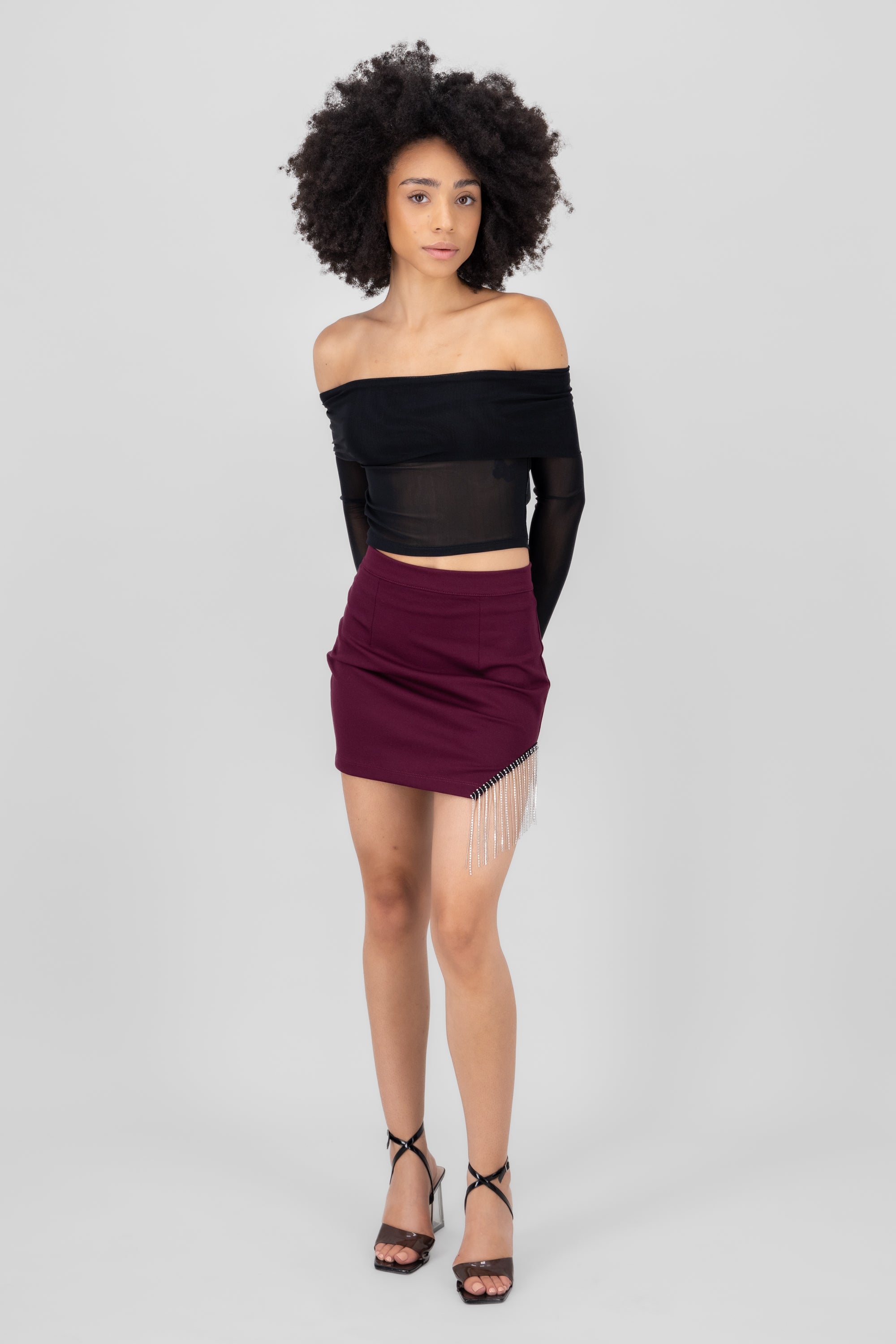 Rhinestone fringe mini skirt. PLUM