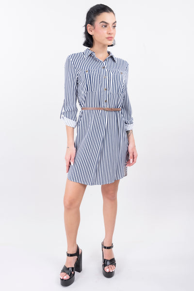 Stripped Print Short Dress GRAY COMBO