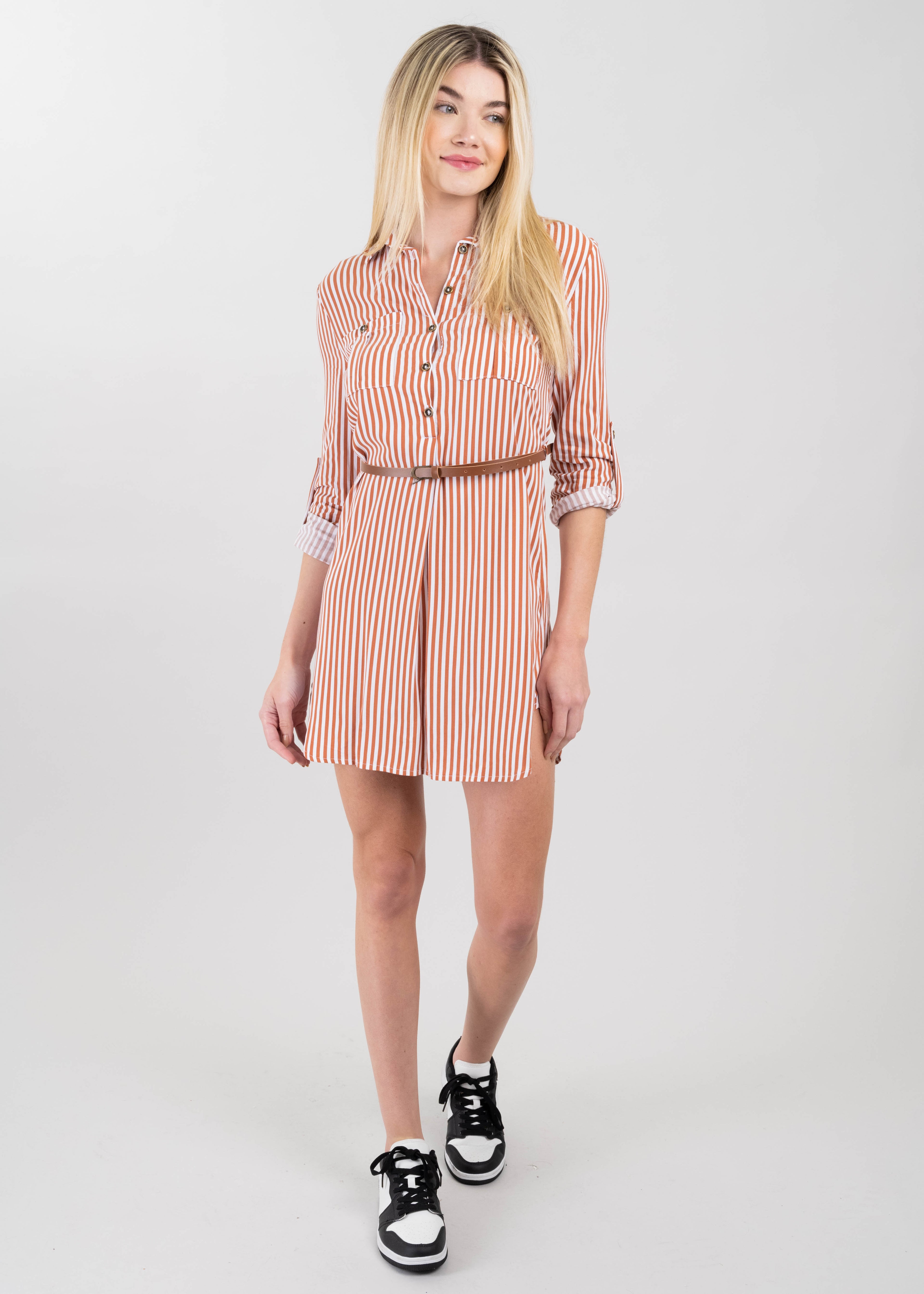 Stripped Print Short Dress BROWN COMBO