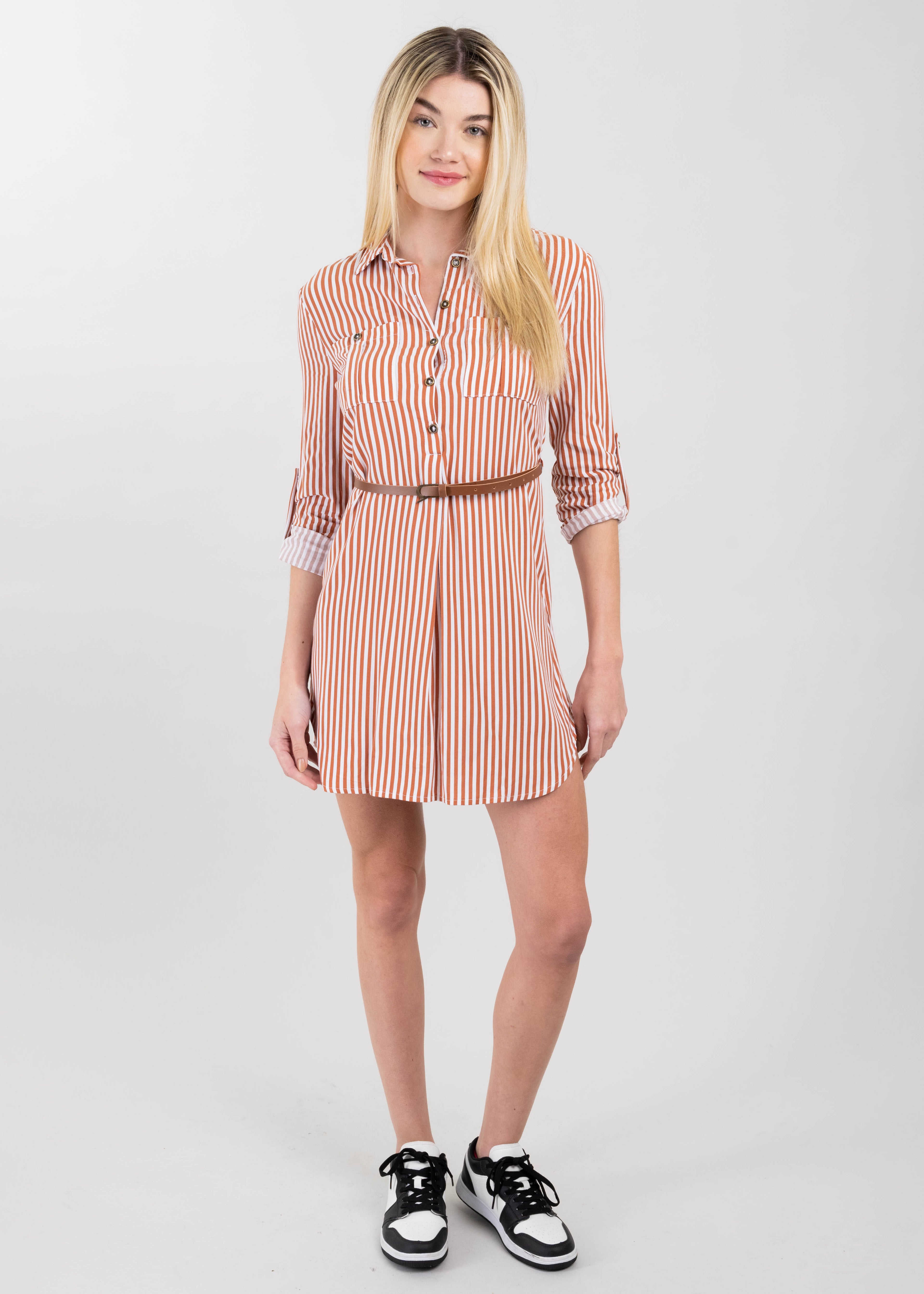 Stripped Print Short Dress BROWN COMBO