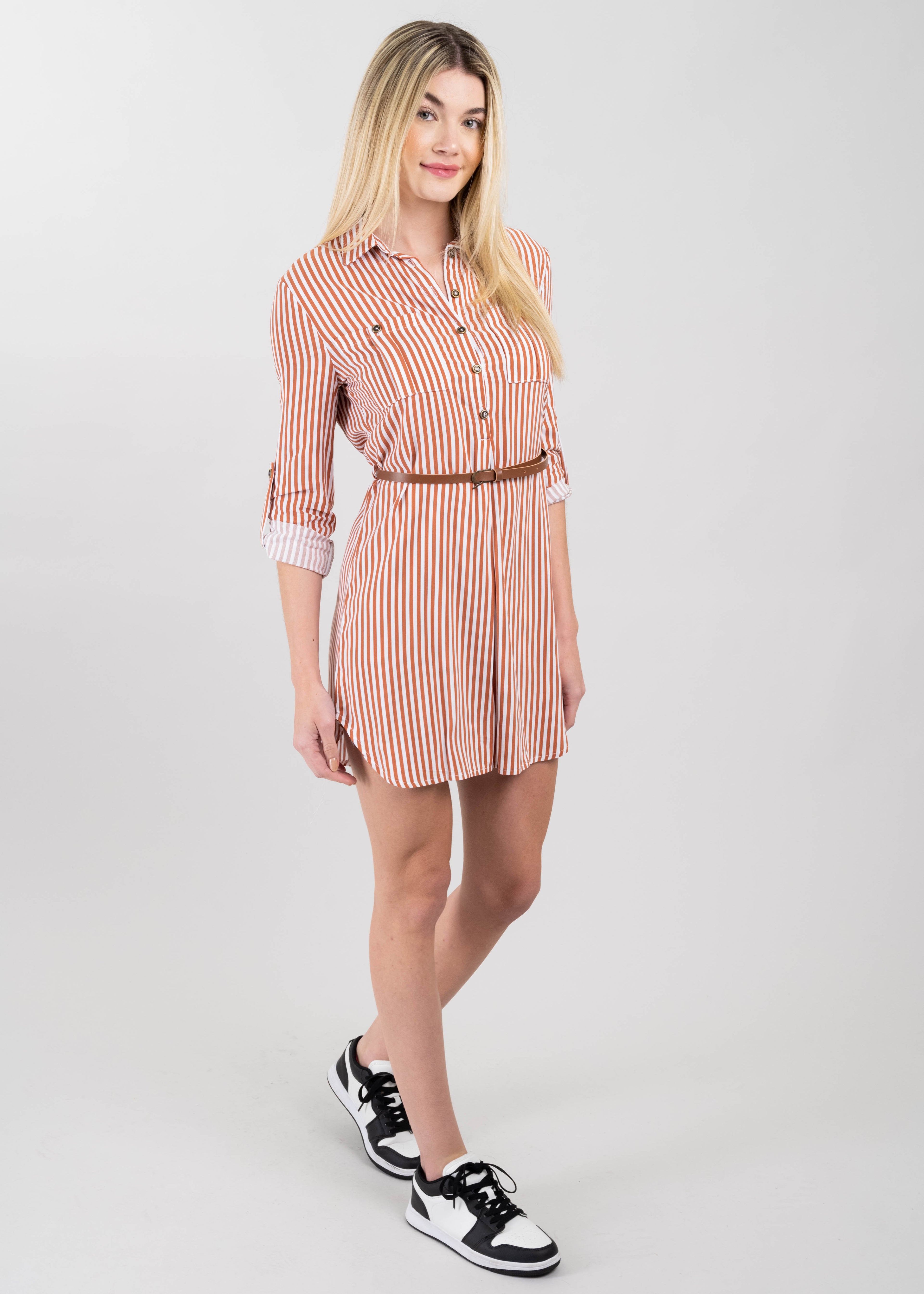 Stripped Print Short Dress BROWN COMBO