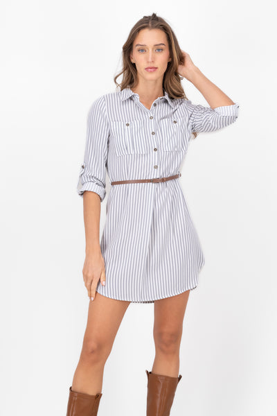 Stripped Print Short Dress GRAY COMBO