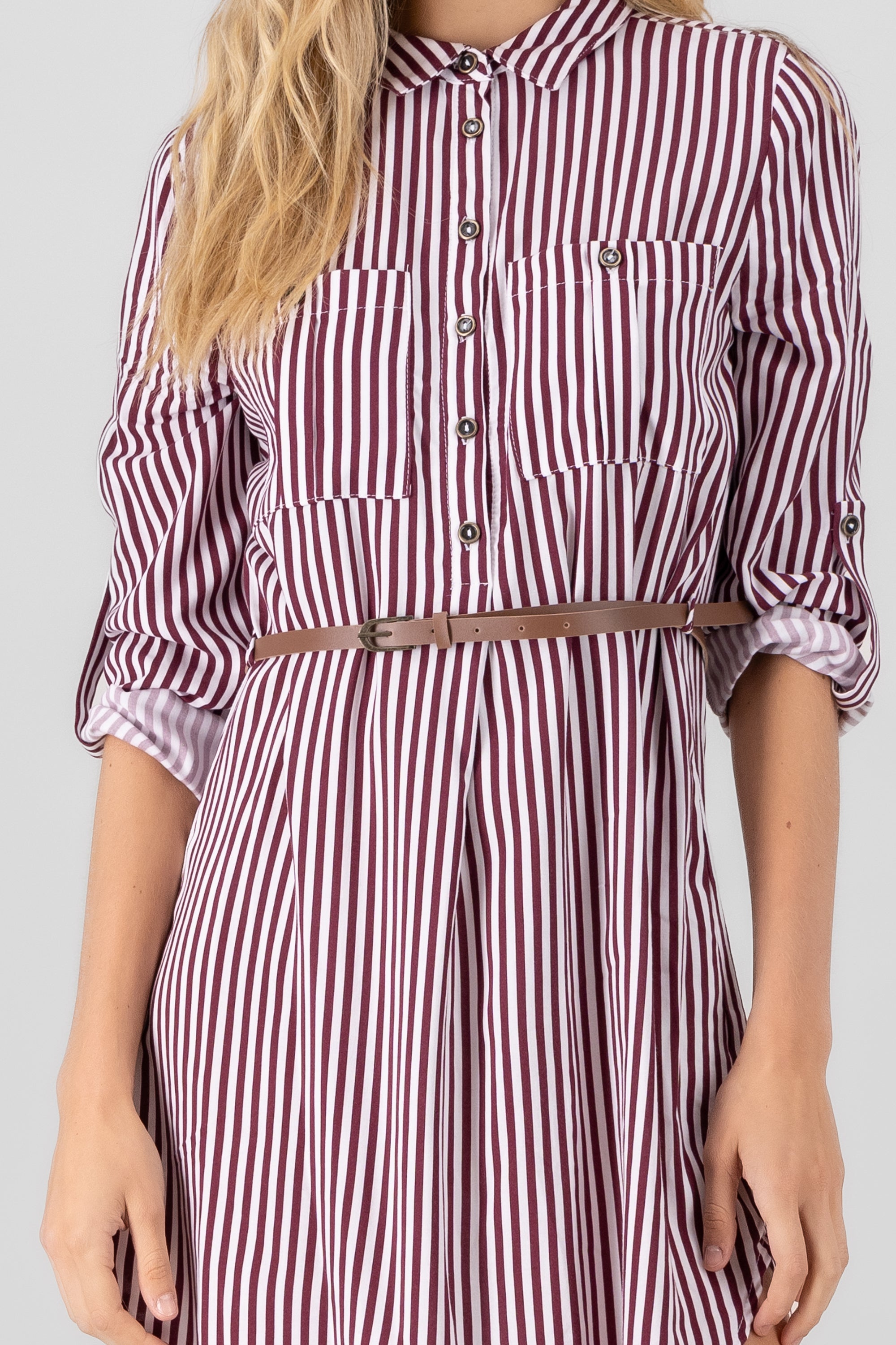 Stripped Print Short Dress BURGUNDY COMBO