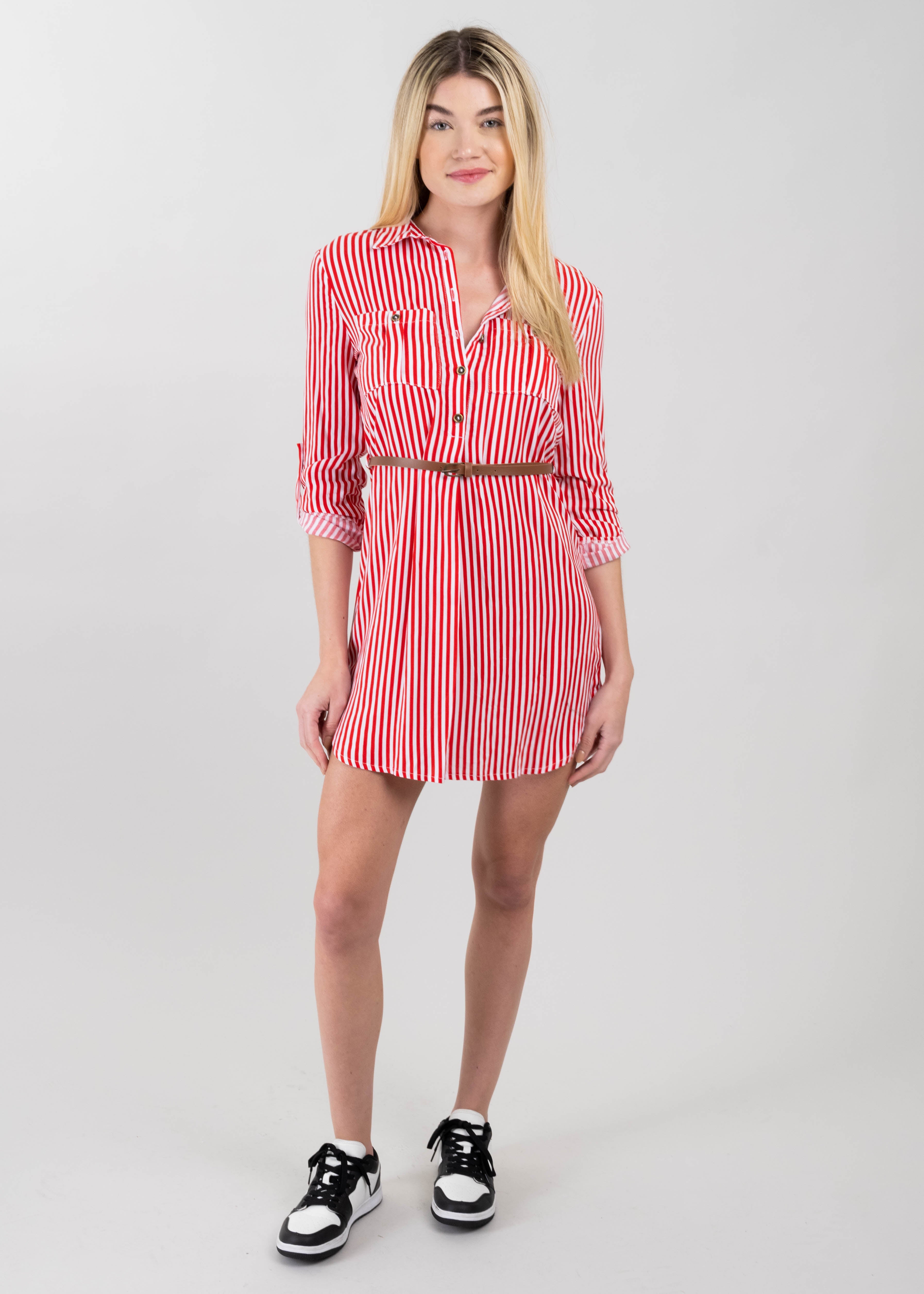 Stripped Print Short Dress RED COMBO