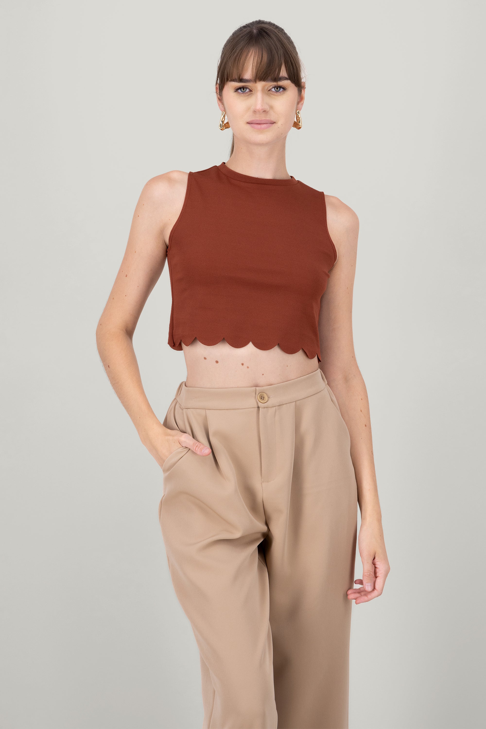 Scallop Cut Crop Top CAMEL