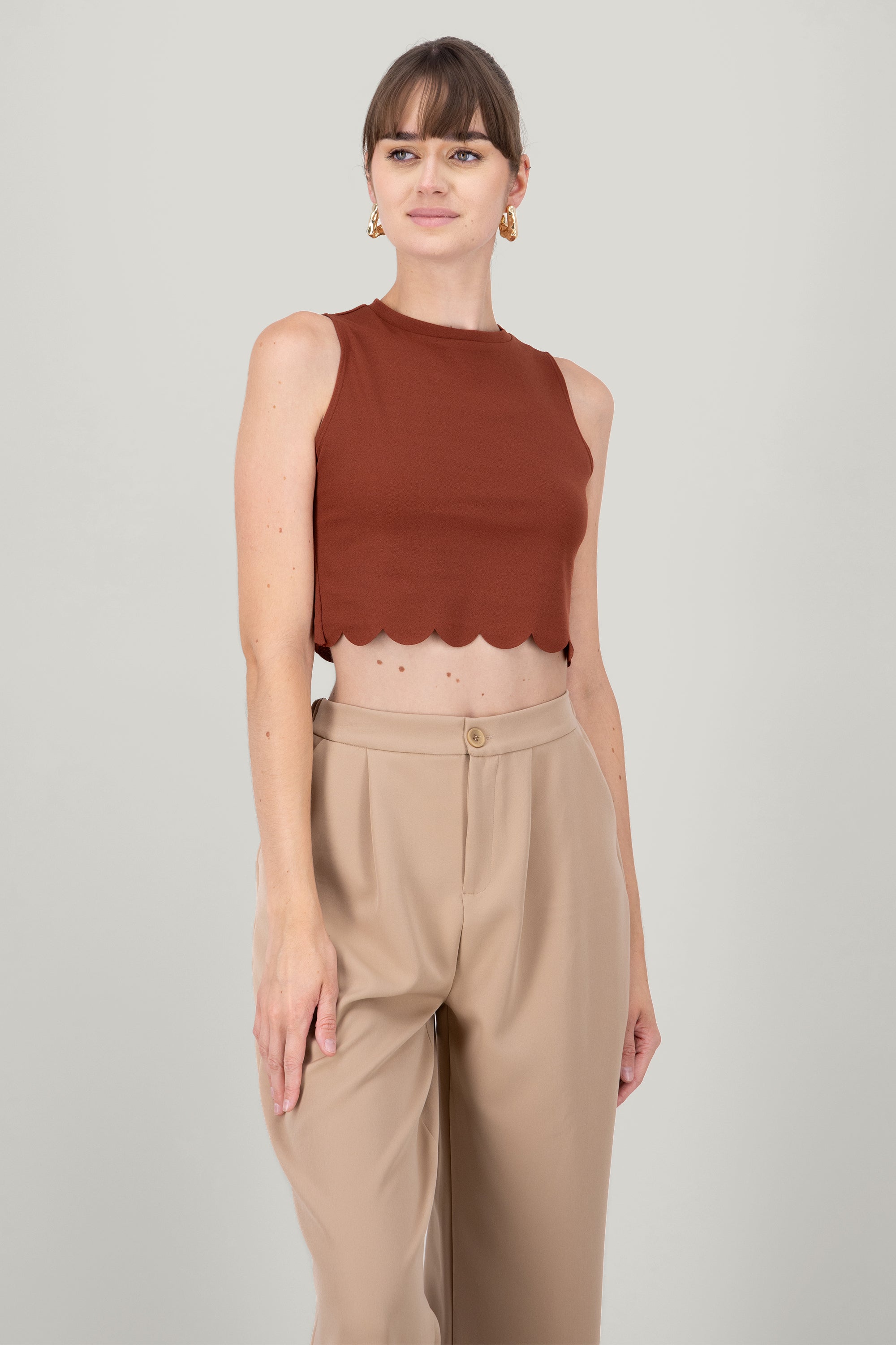 Scallop Cut Crop Top CAMEL