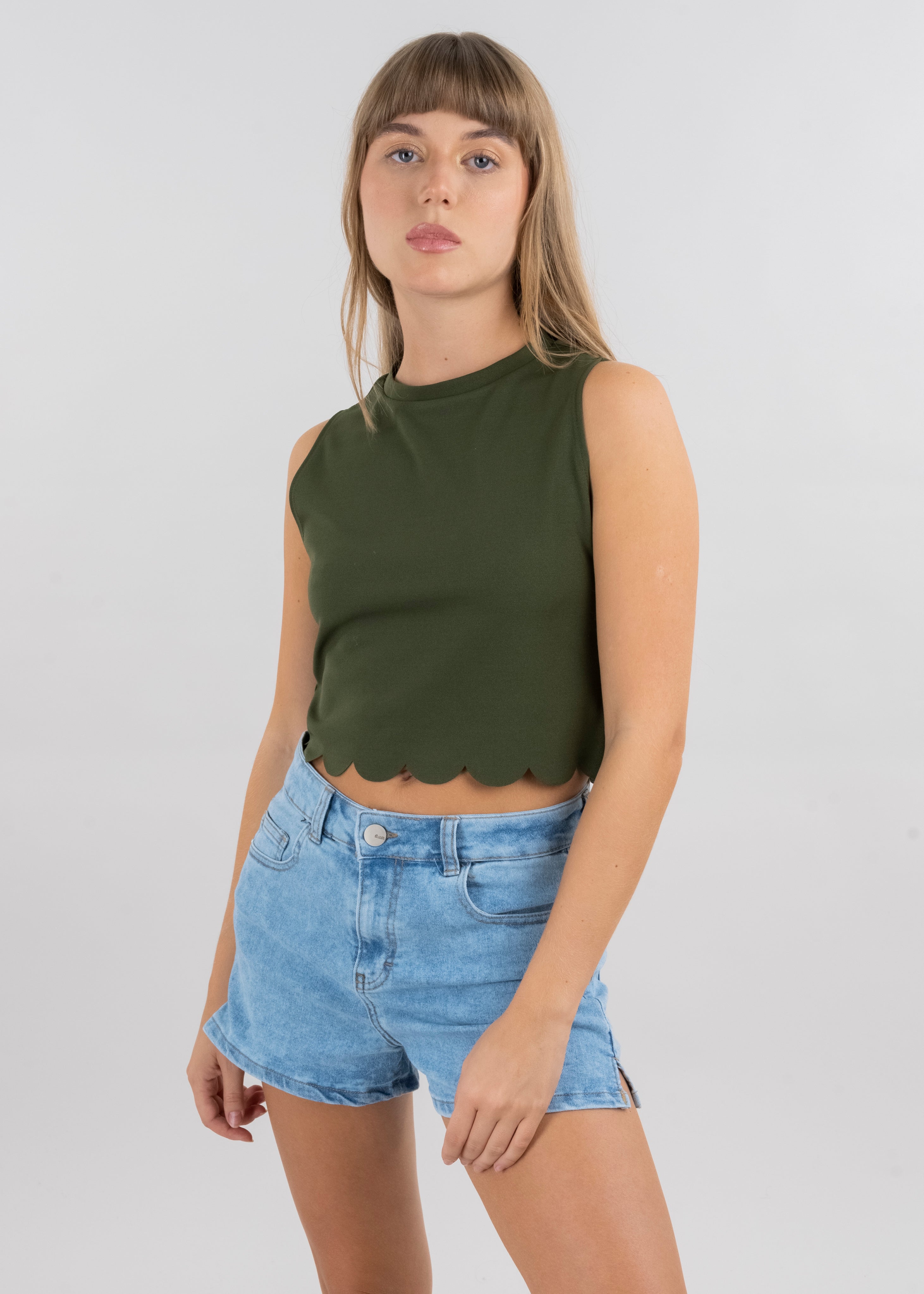 Scallop Cut Crop Top OLIVE