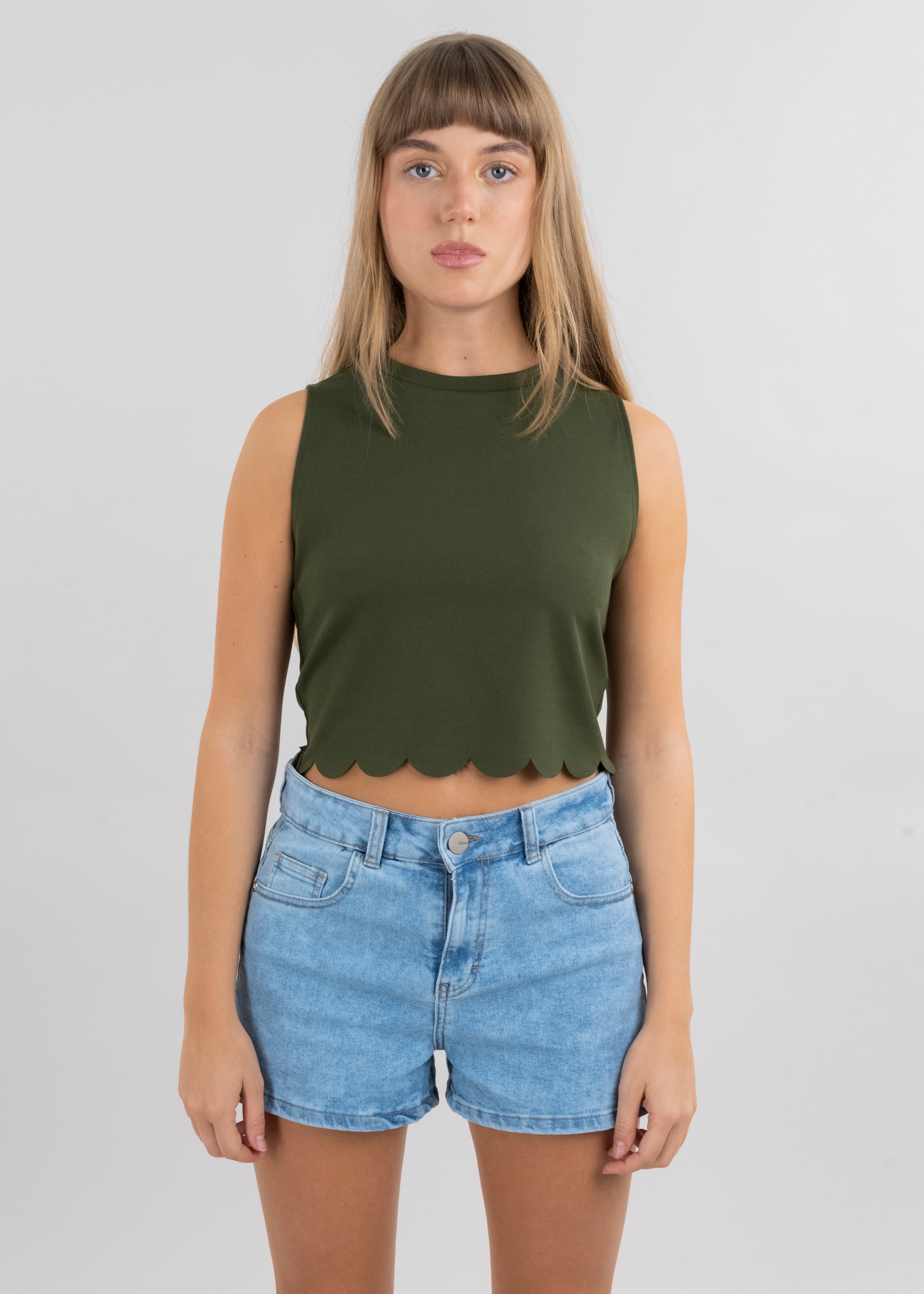 Scallop Cut Crop Top OLIVE