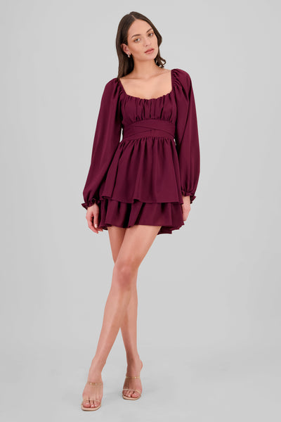 Long Sleeve Ruffle Mini Dress PLUM