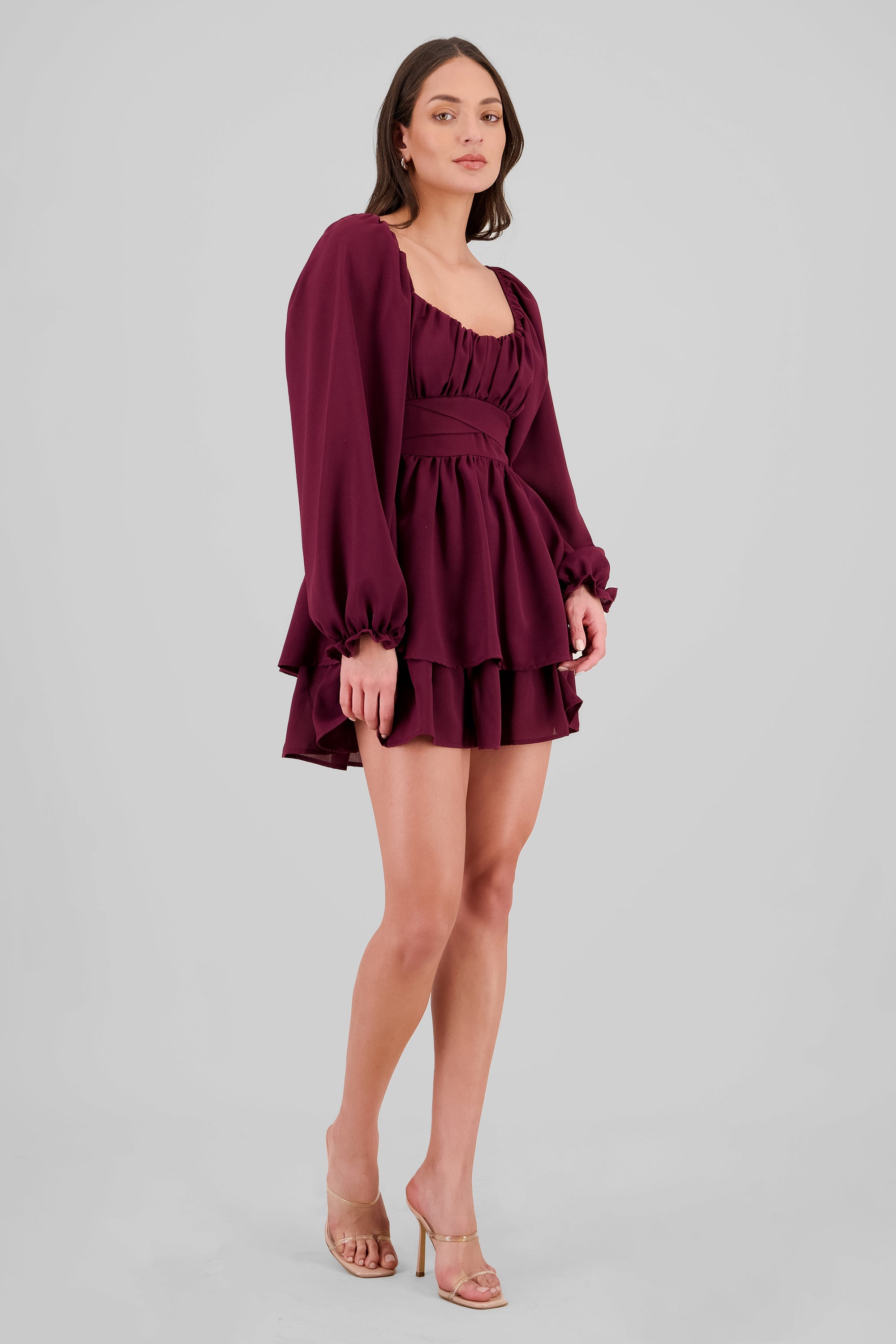 Long Sleeve Ruffle Mini Dress PLUM