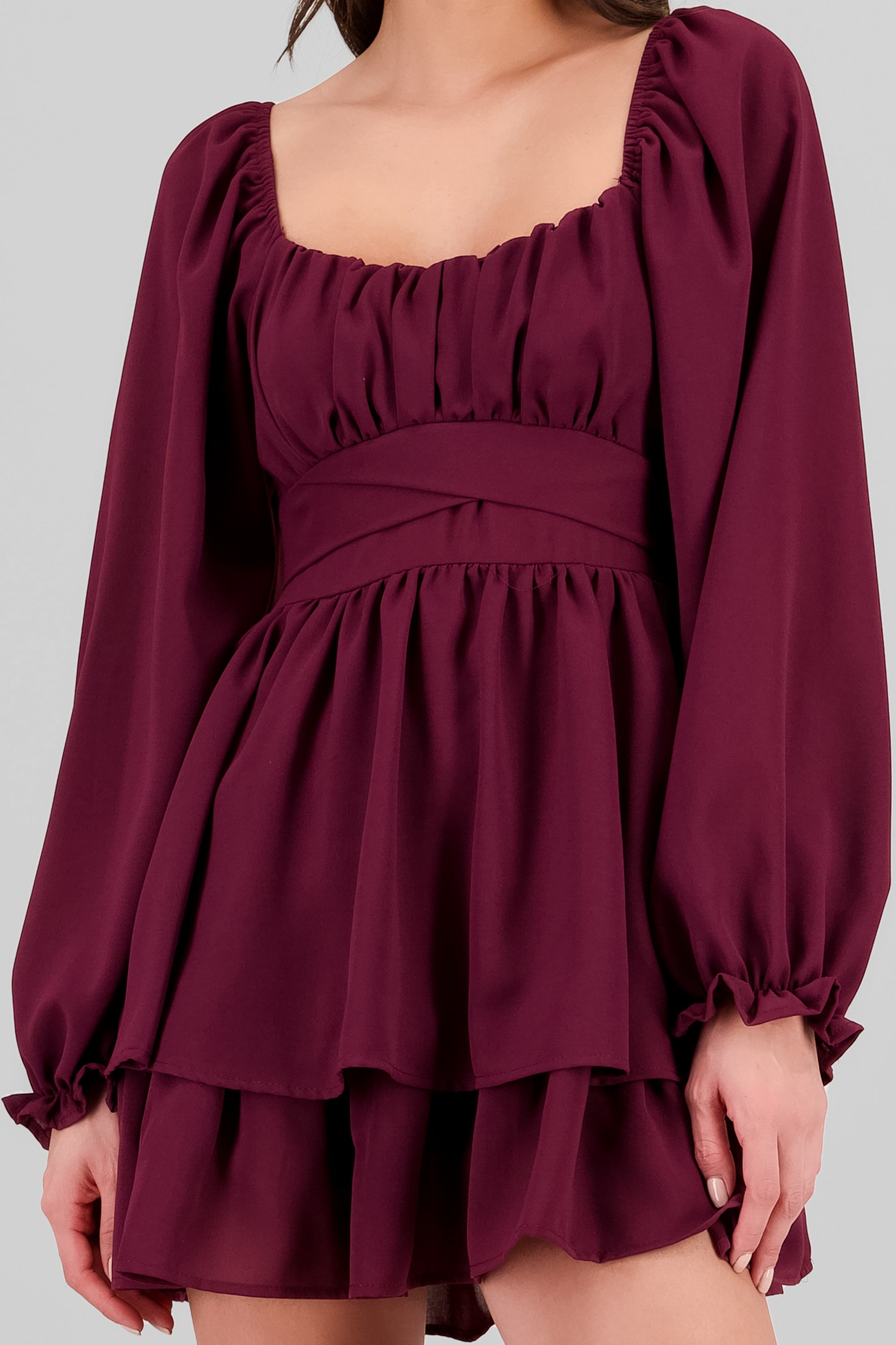 Long Sleeve Ruffle Mini Dress PLUM