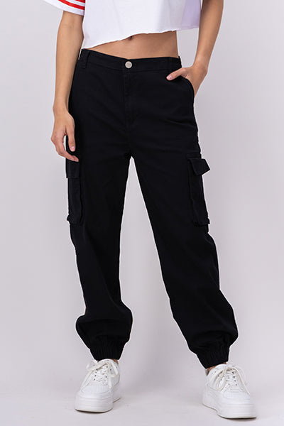 High waist cargo jeans with pockets BLACK