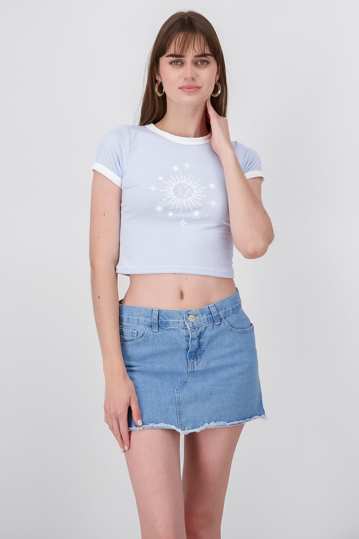 Sun and Moon Print Short Sleeved Top PASTEL BLUE