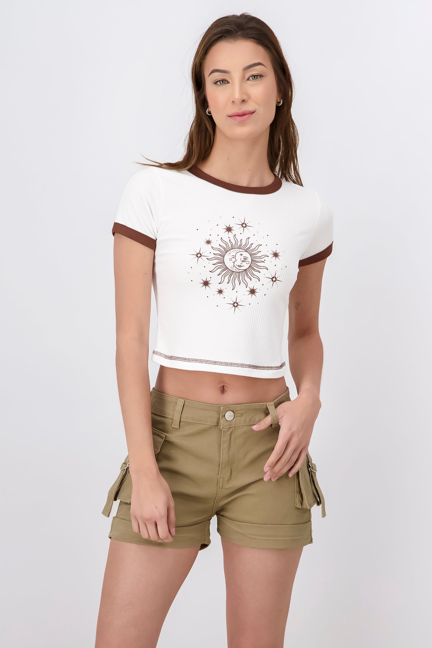 Sun and Moon Print Short Sleeved Top WHITE