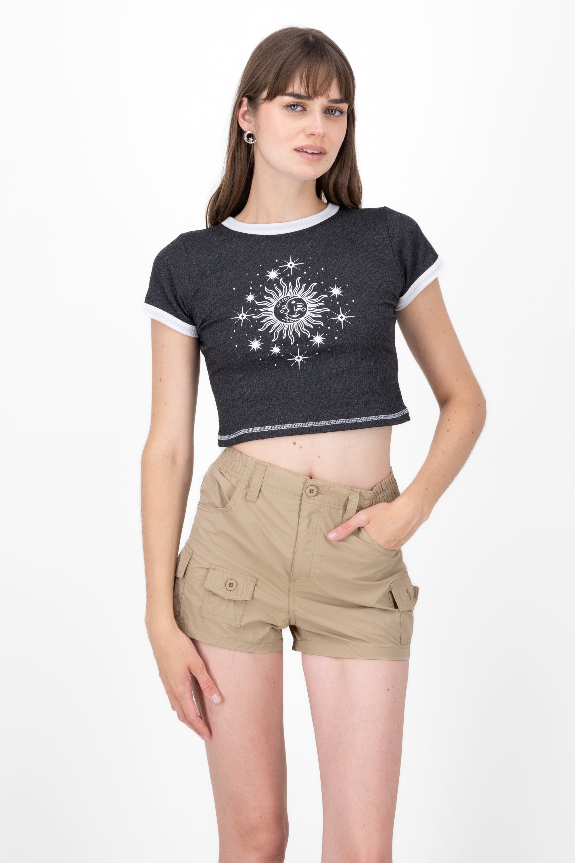 Sun and Moon Print Short Sleeved Top GUN METAL