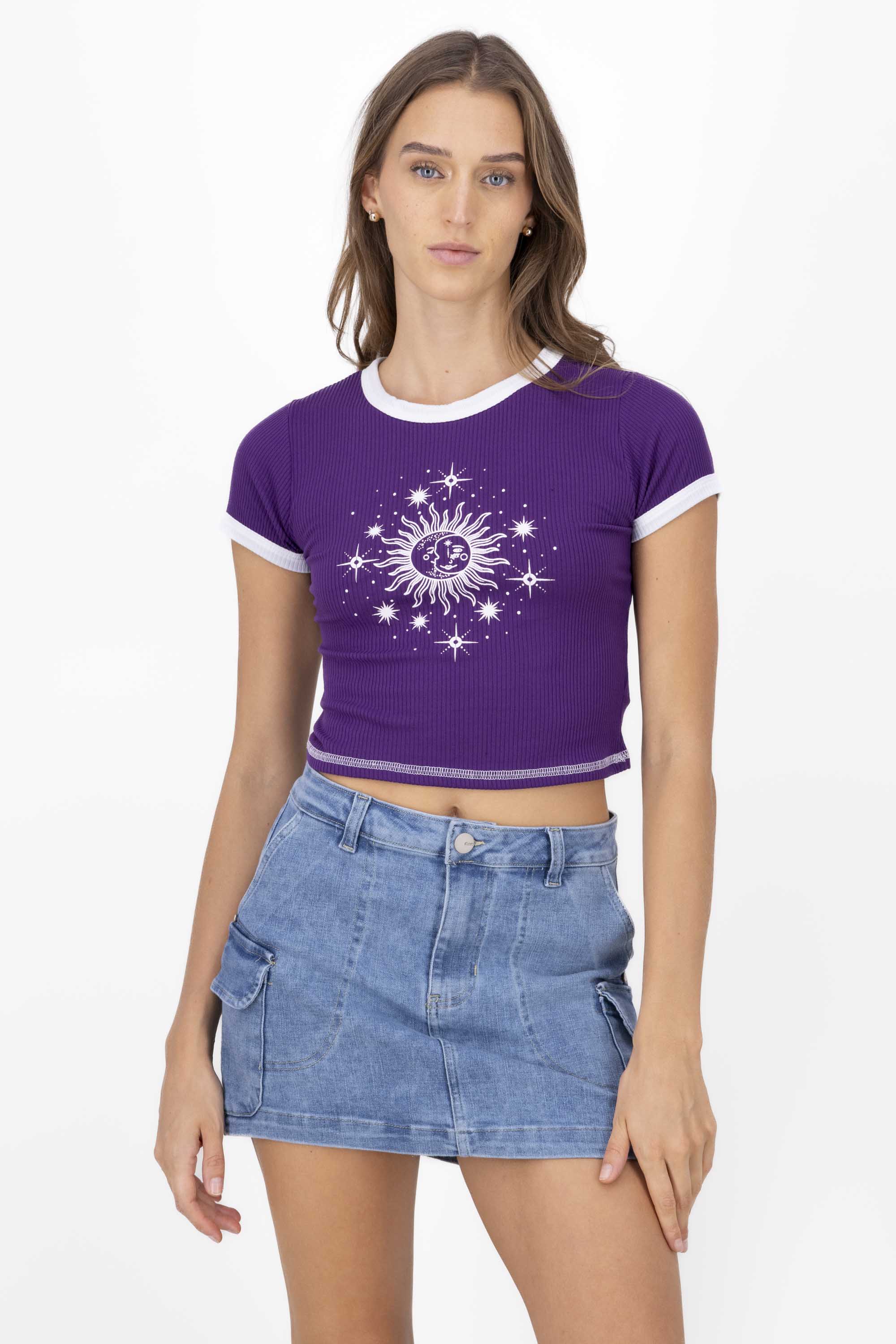 Sun and Moon Print Short Sleeved Top GRAPE