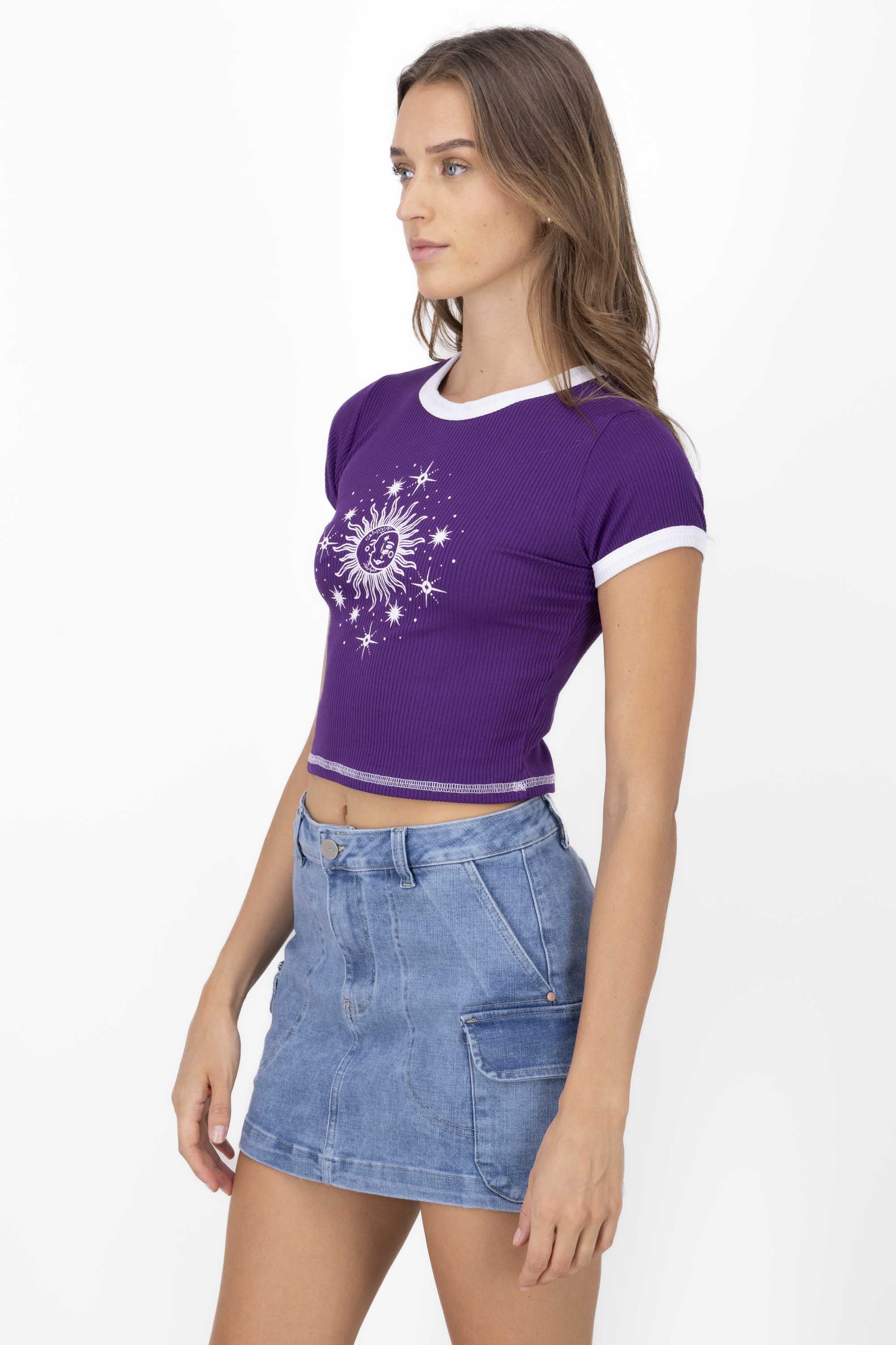 Sun and Moon Print Short Sleeved Top GRAPE