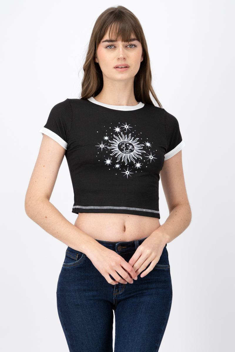 Sun and Moon Print Short Sleeved Top BLACK