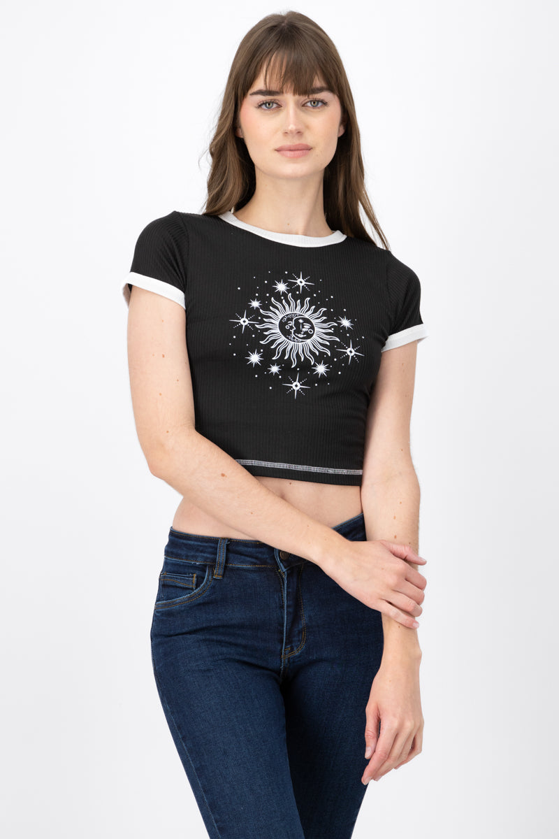 Sun and Moon Print Short Sleeved Top BLACK